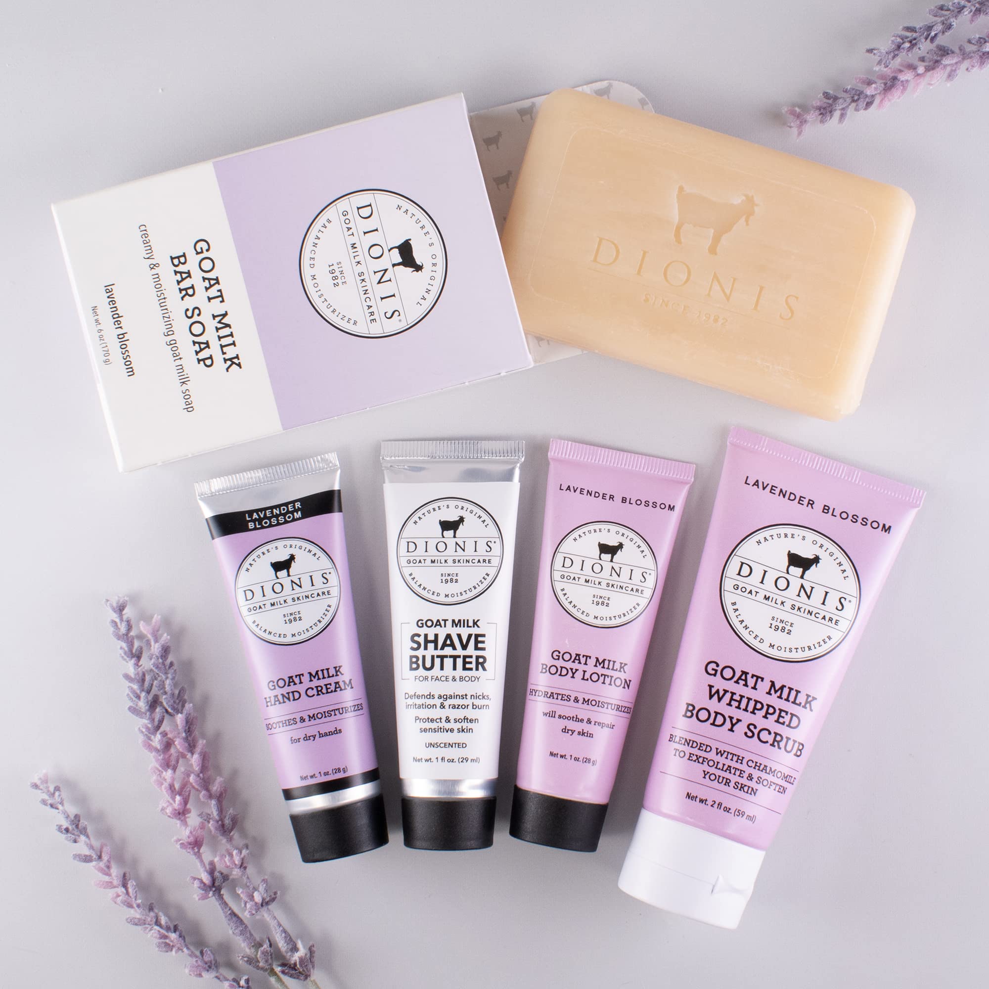 Dionis Goat Milk Skincare Deodorant Stick & Lavender Blossom Travel Set - 6pc Natural Self Care Essentials for Women & Men | Perfect for Travel, Gym & Daily Use