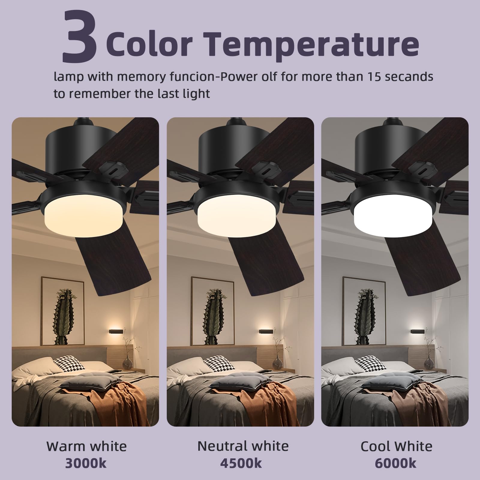52 Inch Black Ceiling Fan with Lights and Remote - 6 Speed Reversible DC Motor, Adjustable Lighting for Outdoor & Indoor Use - Perfect for Patio, Bedroom, Porch, Living Room, and Office Spaces