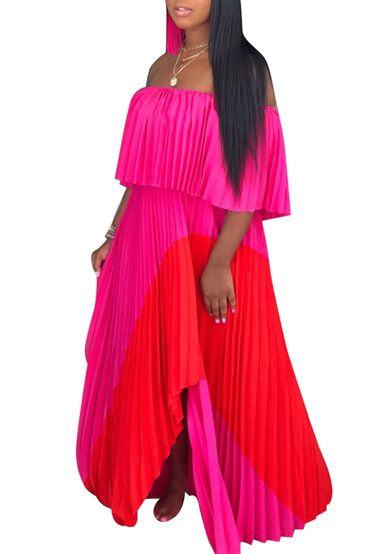 Women's Off Shoulder Sundress - Ombre Tie Dye Maxi Dress with Ruffle Hem, Casual Summer Pleated Skirt for Beach, Vacation & Outdoor Parties