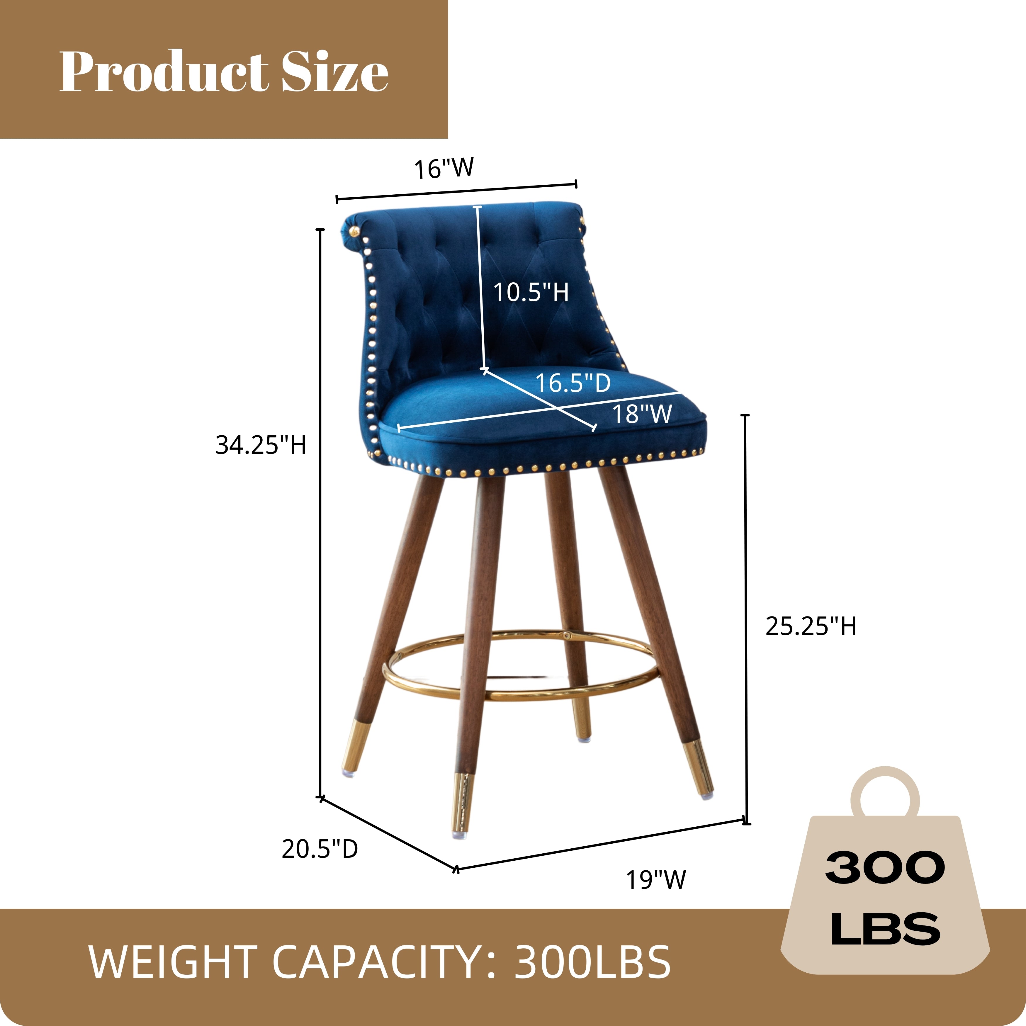 Roundhill Furniture Elvara Set of 2 Button Tufted Counter Stools with Nailhead Trim - Modern Kitchen Bar Stools for Breakfast Nook, Kitchen Island & Home Decor