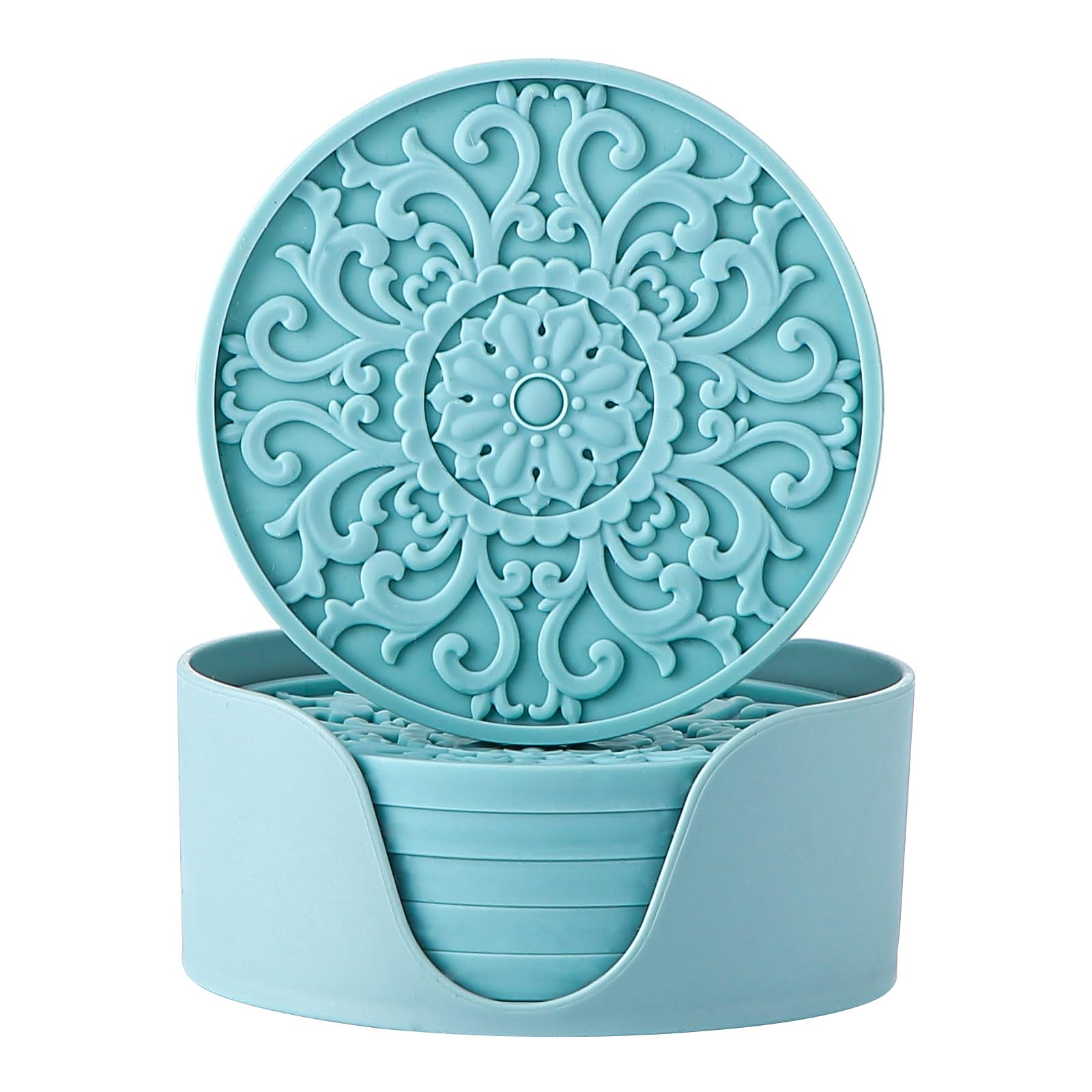 Colinda Silicone Coasters Set of 6 with Holder - Non-Slip Drink Coasters for Hot & Cold Beverages, Table Protection - 3 Stylish Patterns for Home, Office & Bar Decor (Turquoise) - Perfect for Coffee Tables, Dining Tables, and Countertops