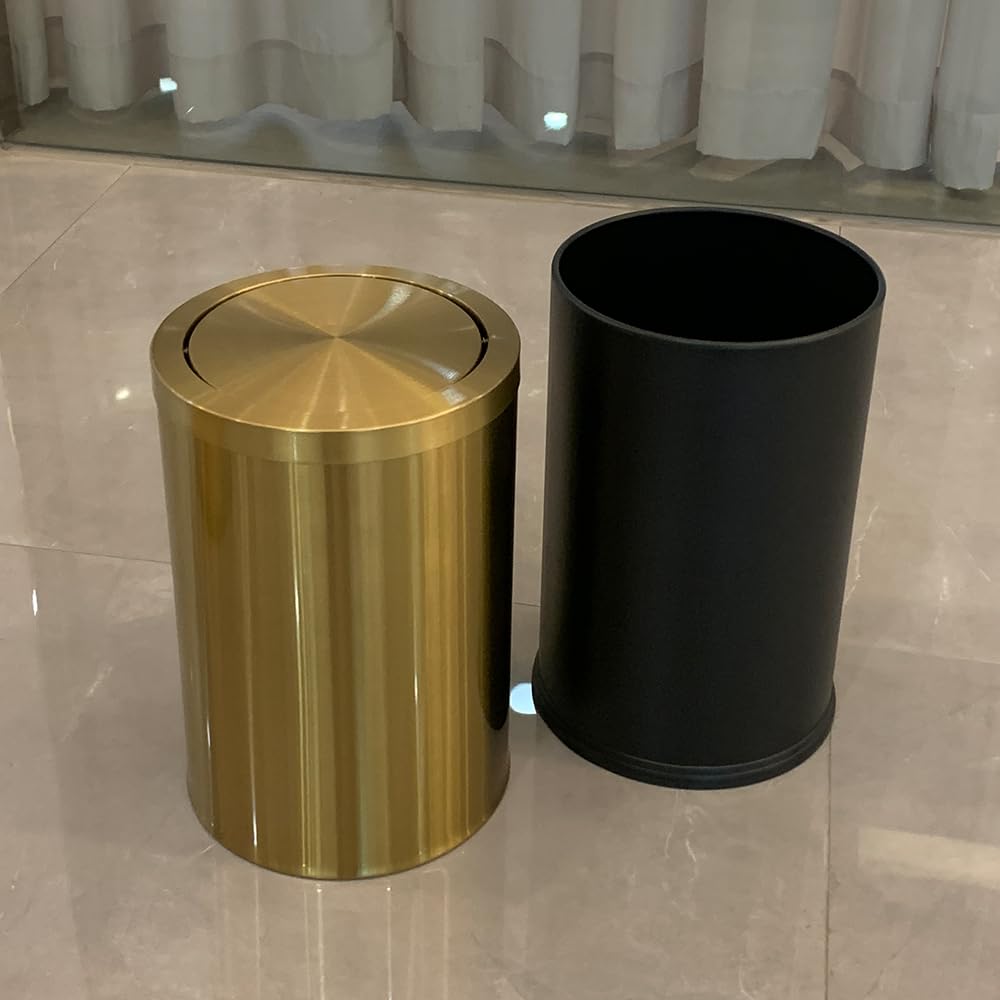 9 Liter/2.4 Gallon Small Gold Trash Can with Swing Lid - Brass Bathroom Waste Bin for Bedroom, Office, Living Room & Restaurant - Elegant Garbage Can for Home and Commercial Use