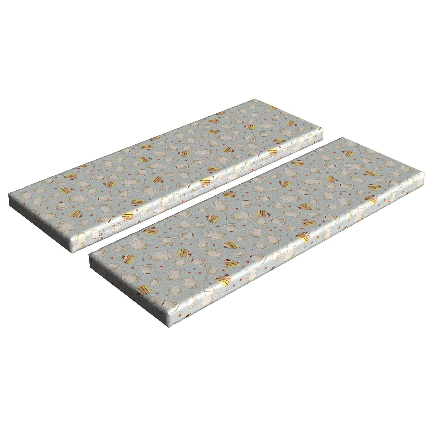 Ambesonne Tea Party Bench Cushion Set of 2 - Coffee Pot Teapot Design with Spoons, Plates & Cake Slices - 45x15x2 Inch Standard Size Foam Seat Pad - Blue Grey Red Green Pattern - Perfect for Garden Benches, Patio Furniture & Indoor Decor