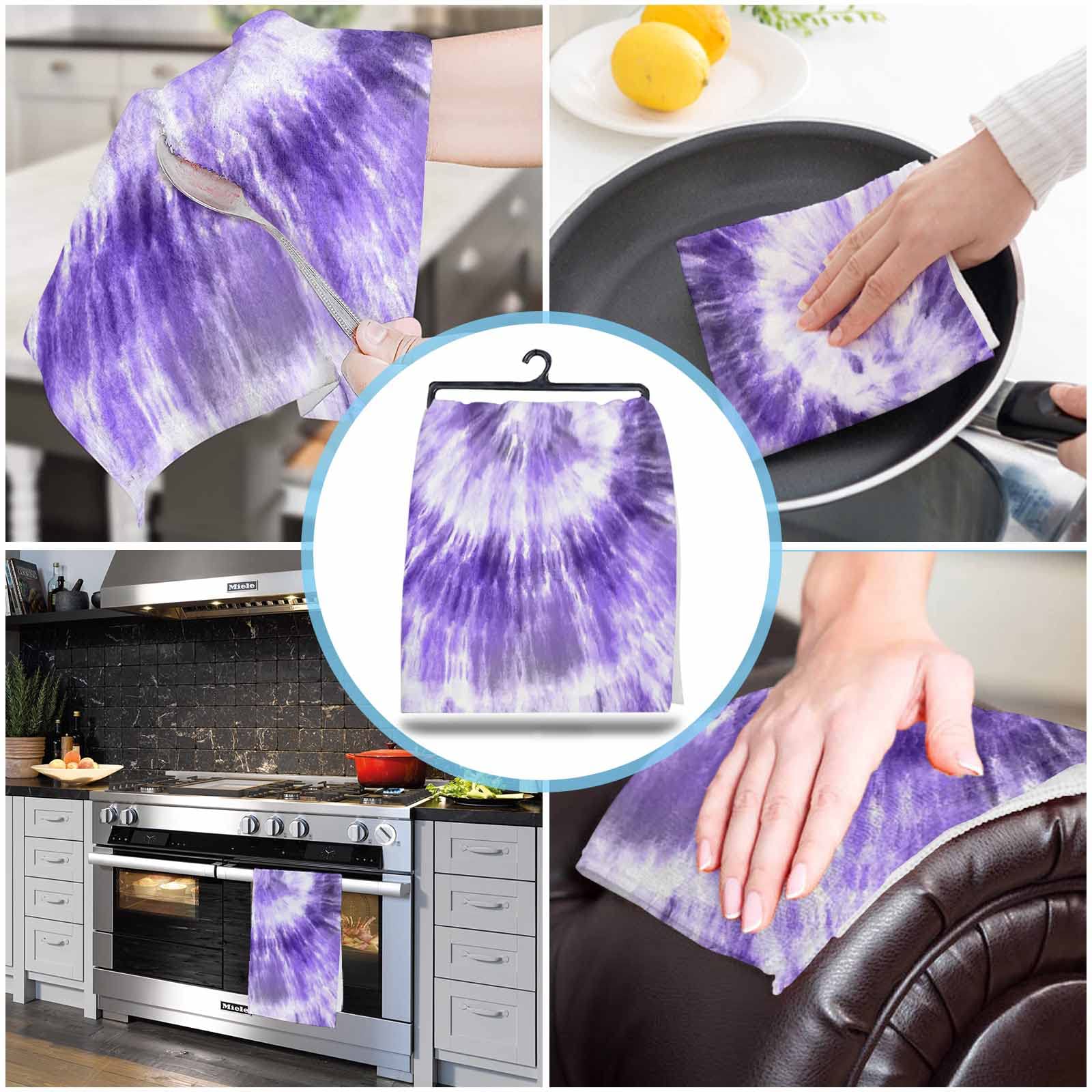 Premium Smile Sunflower Microfiber Kitchen Towels Set of 2 | Ultra Absorbent Reusable Dish Cloths (18x28 Inch) | Soft Tie-Dye Purple Cleaning Towels for Dishes, Bar & Tea | Perfect for Kitchen Cleaning, Drying & Decor