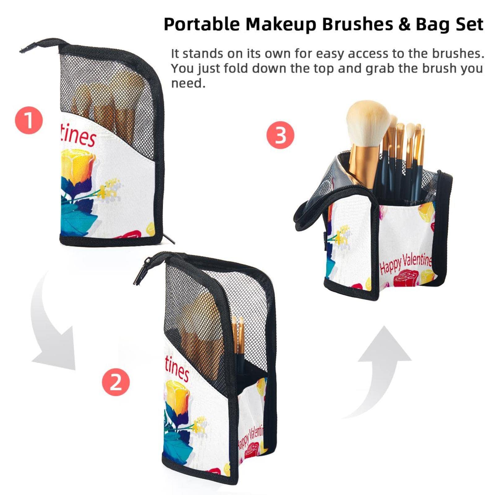 12-Piece Makeup Brush Organizer Bag with Abstract Valentine's Day Design - Portable Cosmetic Brush Holder Case for Travel & Home Storage