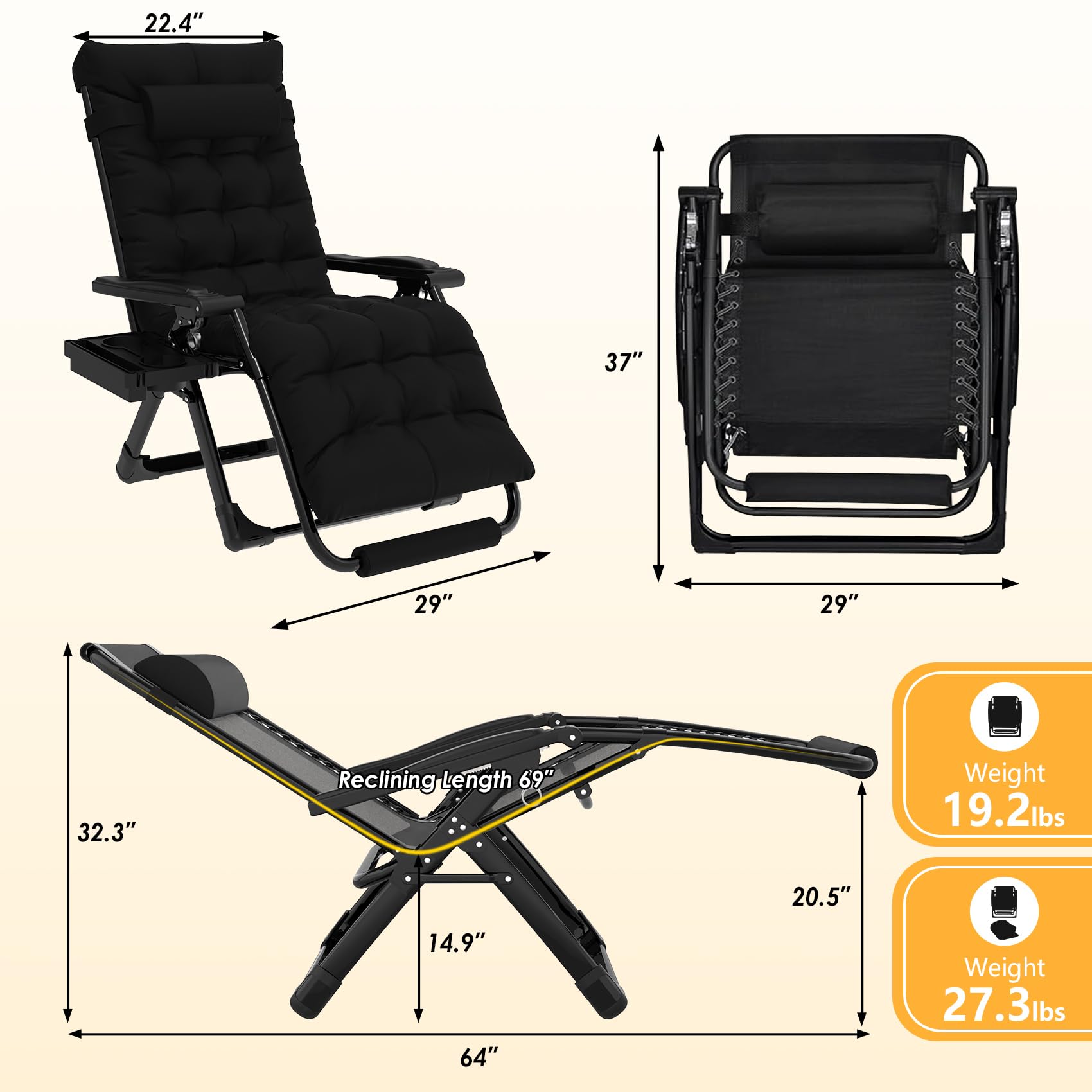 Premium Oversized Zero Gravity Lounge Chair XL - Heavy Duty 440lbs Capacity, Padded Recliner with Aluminum Alloy Lock, Adjustable Headrest & Cup Holder - Perfect for Patio, Poolside, Backyard, Camping & Outdoor Relaxation (Black)