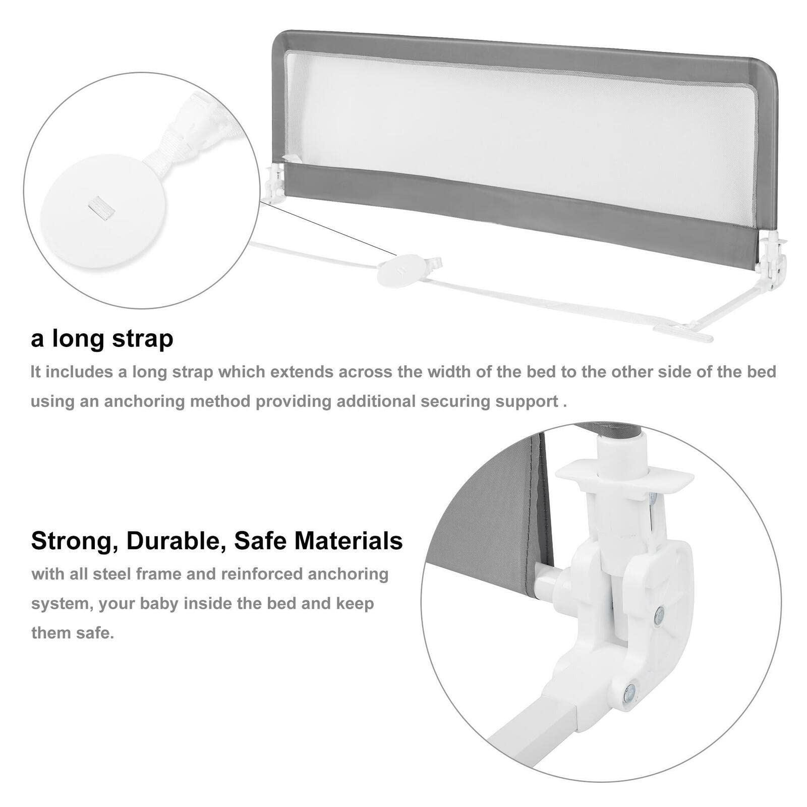 69'' Extra Long Baby Bed Rails - Swing Down Bed Bumper Guard for Twin, Full, Queen & King Mattresses (Grey) - Safe Toddler Bed Rail for Kids Room, Nursery & Travel - LIVINGbasics