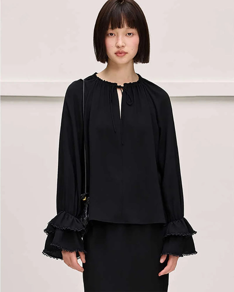 Elegant Ruffled Sleeve Tie Front Silk Blouse for Women - Perfect for Office Wear, Date Night & Special Occasions