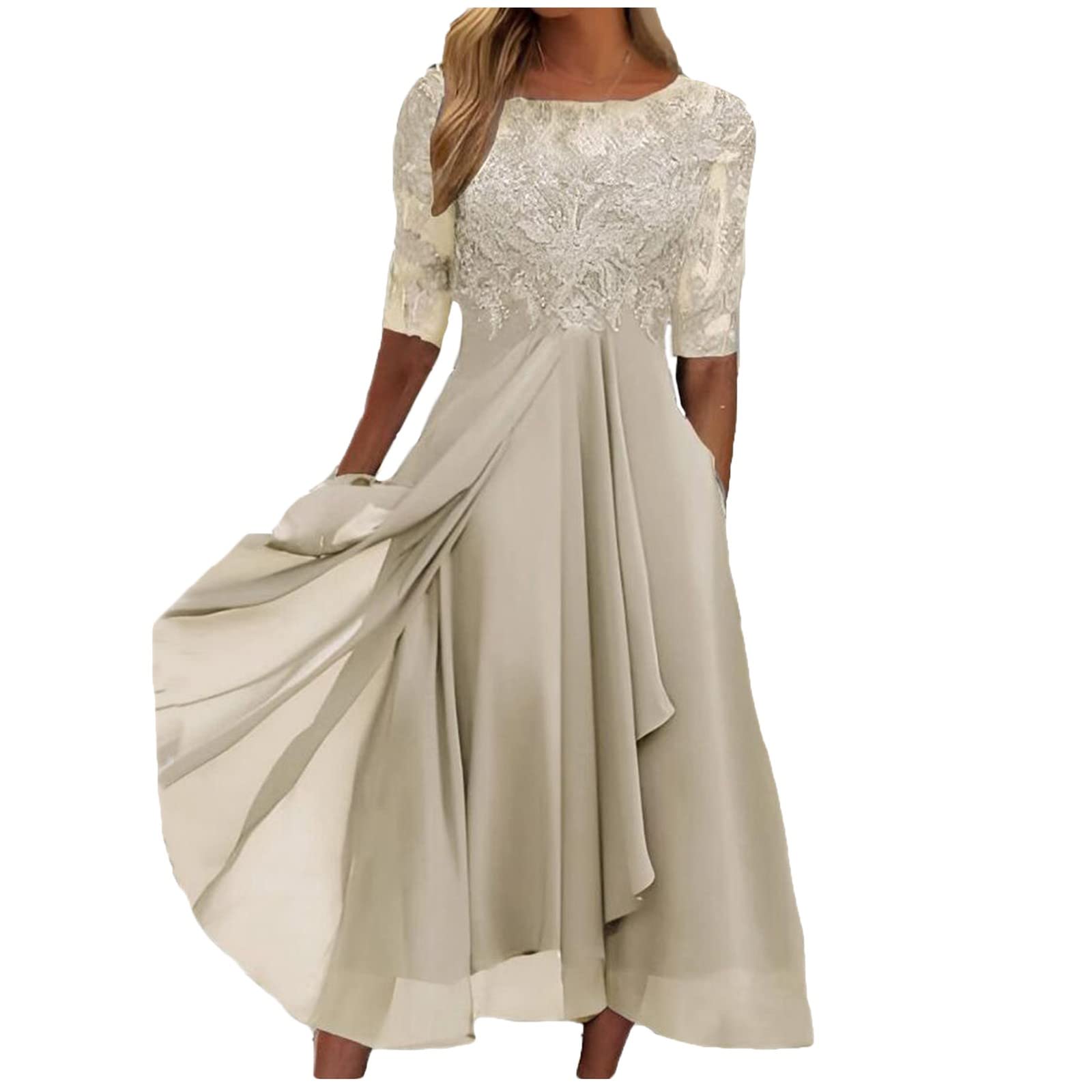 YUTANRAL Plus Size Women's Formal Midi Dress - Floral Lace Ruffle Cocktail Dress with Short Sleeves & Pockets | Wedding Guest, Prom, Spring & Summer Party Outfit (Beige, X-Large)
