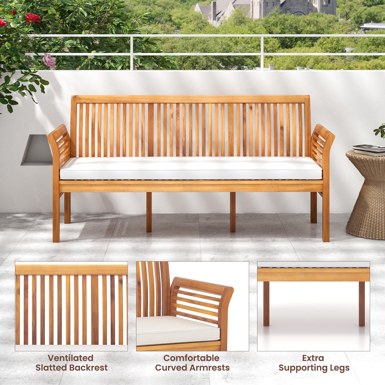 RELAX4LIFE 62.5’’ Acacia Wood Outdoor Bench - 3-Person Patio Bench with Backrest & Armrests, Heavy Duty 1200 LBS Capacity, Removable Cushion & Slatted Design - Perfect for Garden, Porch, Park, Backyard & Outdoor Relaxation