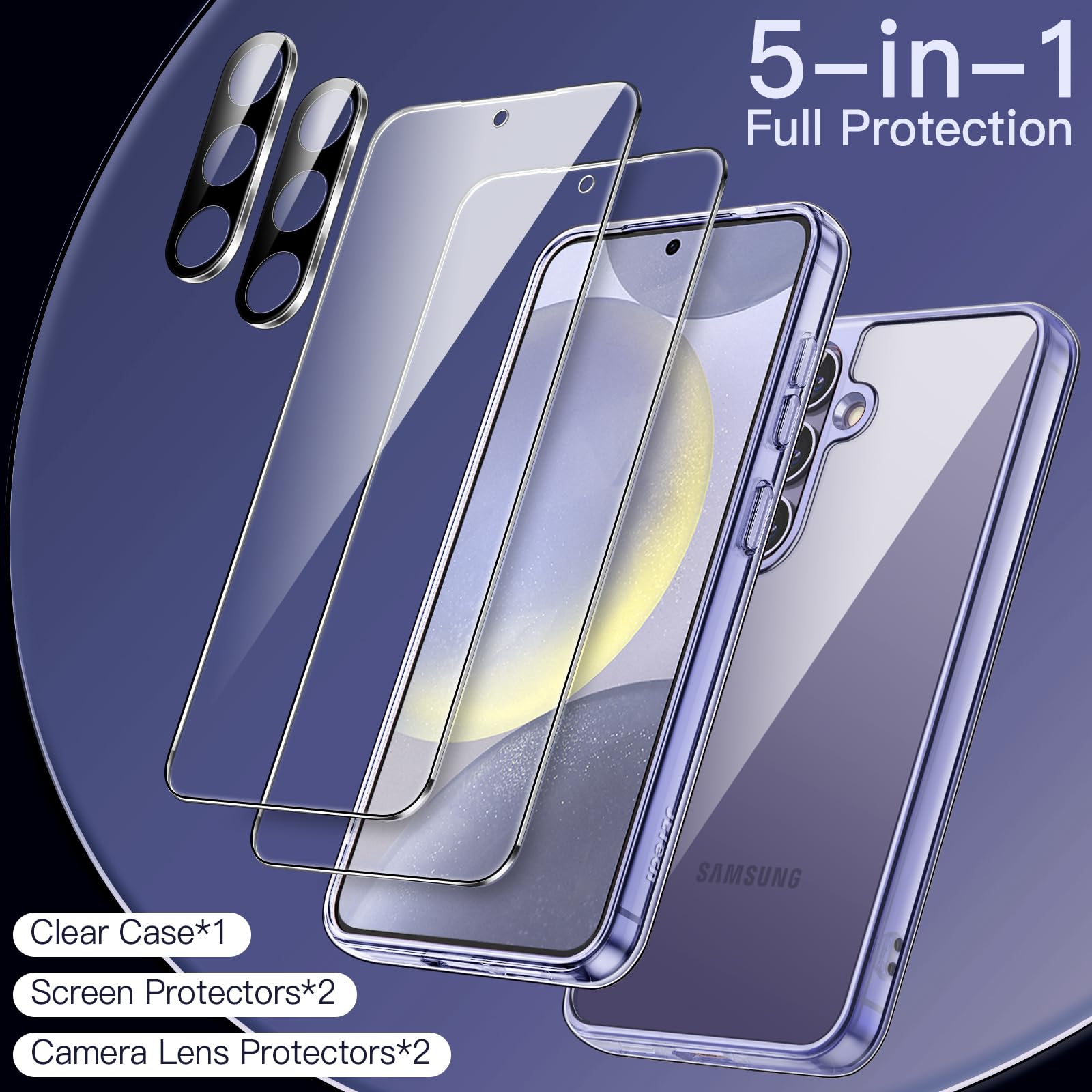 JETech 5-in-1 Protective Case for Samsung Galaxy S24+ 5G (2024) - Includes 2 Tempered Glass Screen Protectors & Camera Lens Cover | Shockproof, Non-Yellowing Bumper Phone Case in Cobalt Violet | Perfect for Outdoor Activities, Work & Daily Use