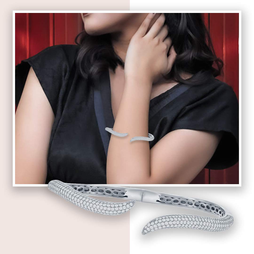 925 Sterling Silver Rhodium Plated Wave Snake Bangle Bracelet with Cubic Zirconia - Elegant Hinged Jewelry for Women, Perfect for Parties, Weddings & Special Occasions