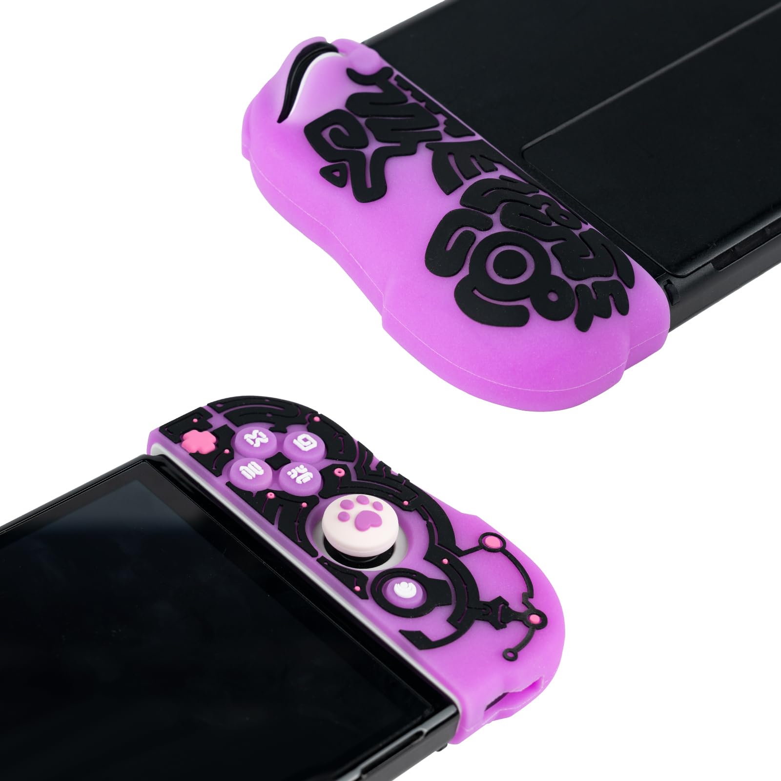 Glow in The Dark Soft TPU Protective Cover Case for Nintendo Switch & Switch OLED Joycon Controller - Luminous Silicone Cover with 2 Thumb Grip Caps (Purple) | Anti-Slip, Comfortable Grip for Gaming at Night or Low Light Conditions