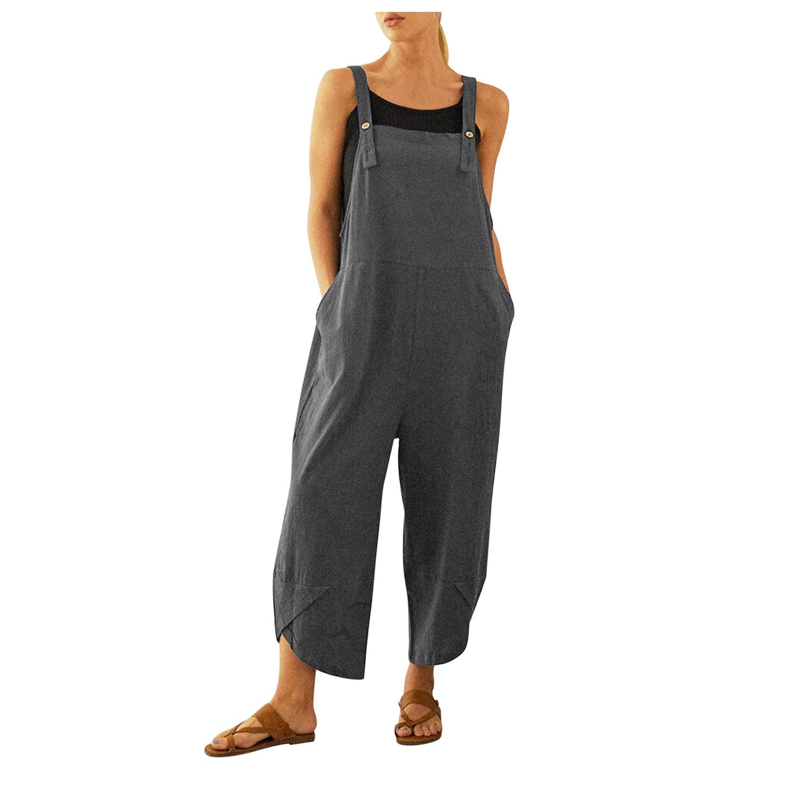 Women's Plus Size 4X Casual Button Pocket Long Strap Romper Jumpsuit - Stylish Solid Playsuit for Summer Outings, Beach Vacations & Everyday Wear