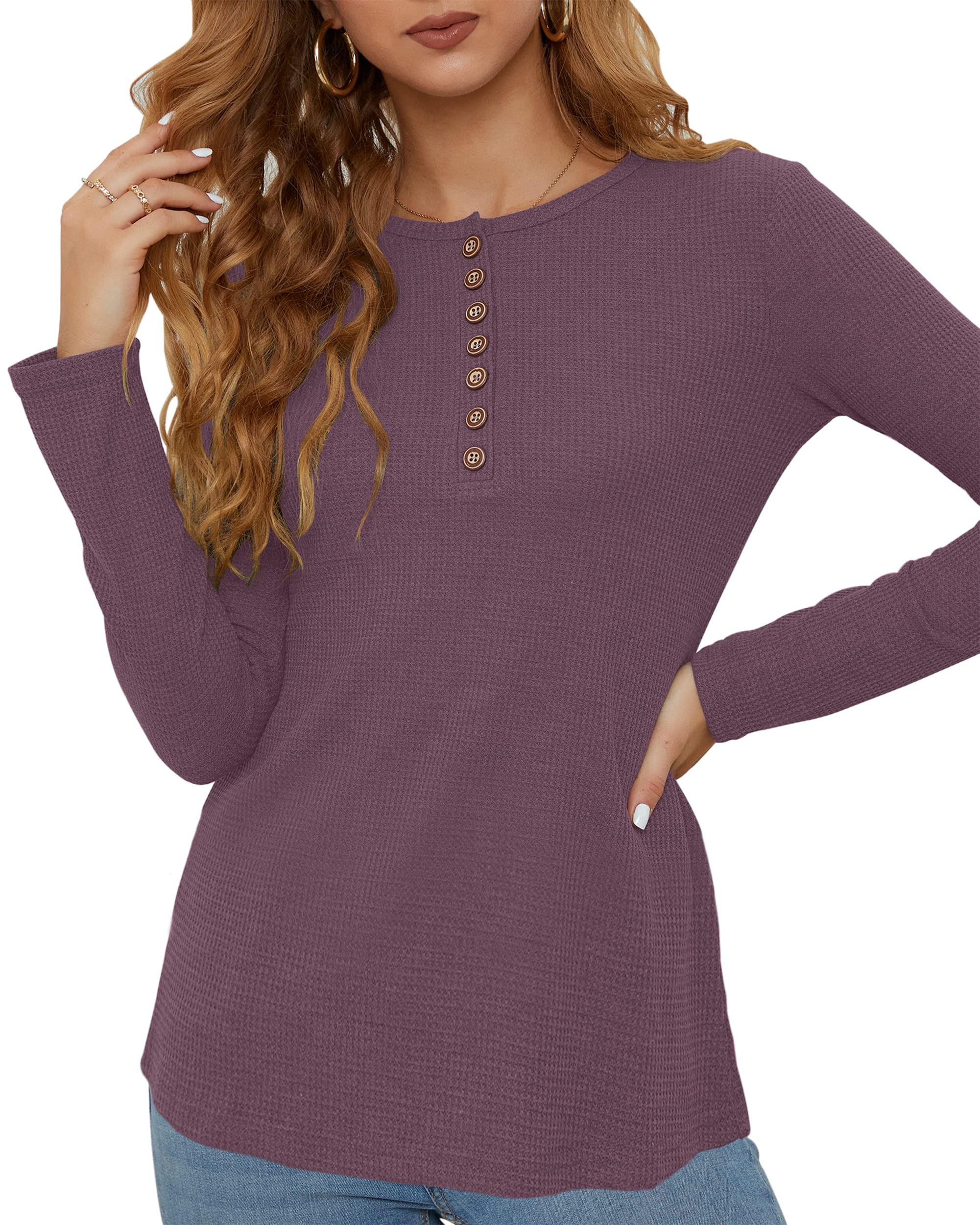 WNEEDU Women's Waffle Knit Long Sleeve Henley Shirt - Slim Fit Button Down V-Neck Casual Blouse for Work, Date & Everyday Wear