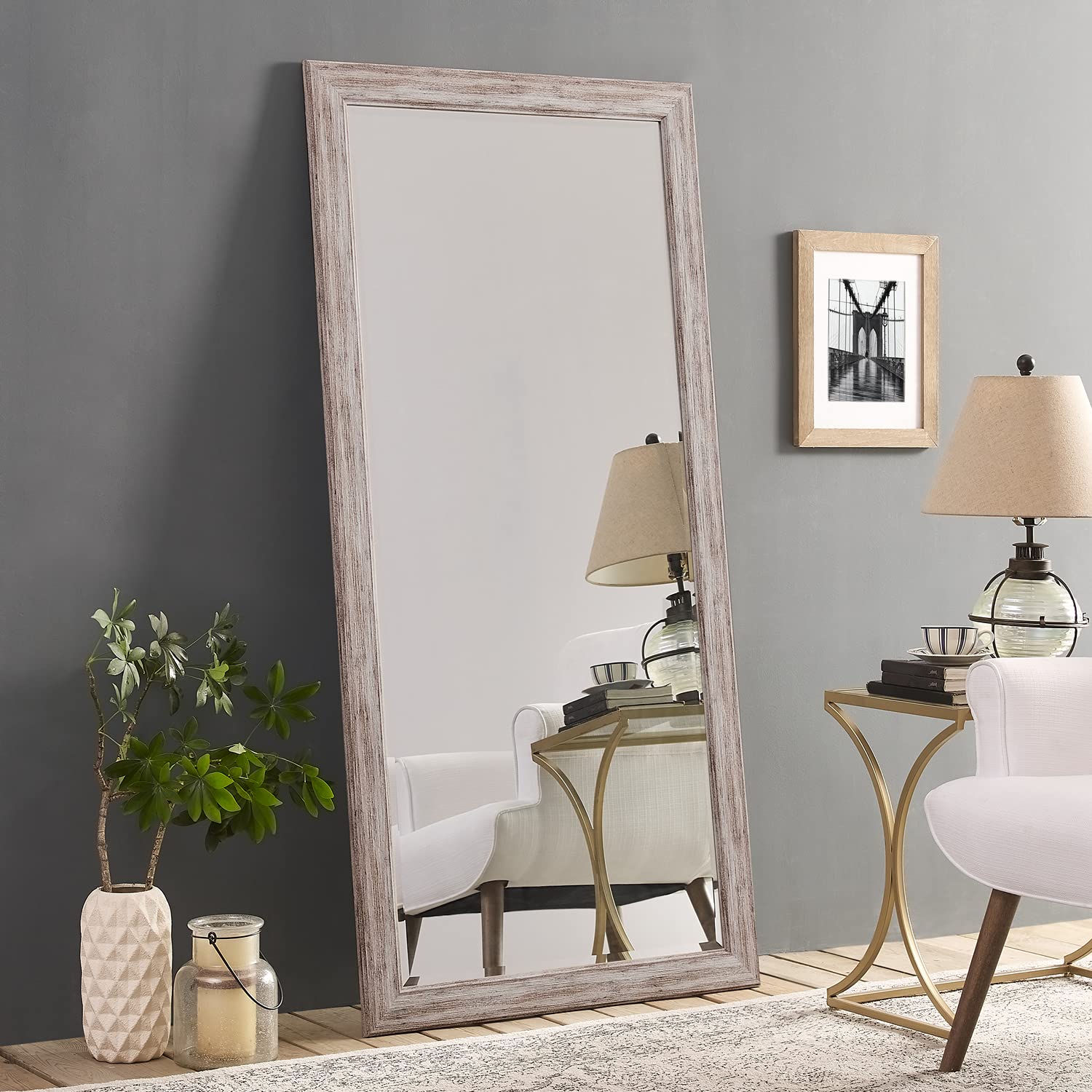 Large Farmhouse Mirror - Rustic Distressed White Wall & Floor Mirror for Bathroom, Living Room, Dressing Room Decor | Vintage Home Accent for Farmhouse, Cottage & Shabby Chic Style Interiors