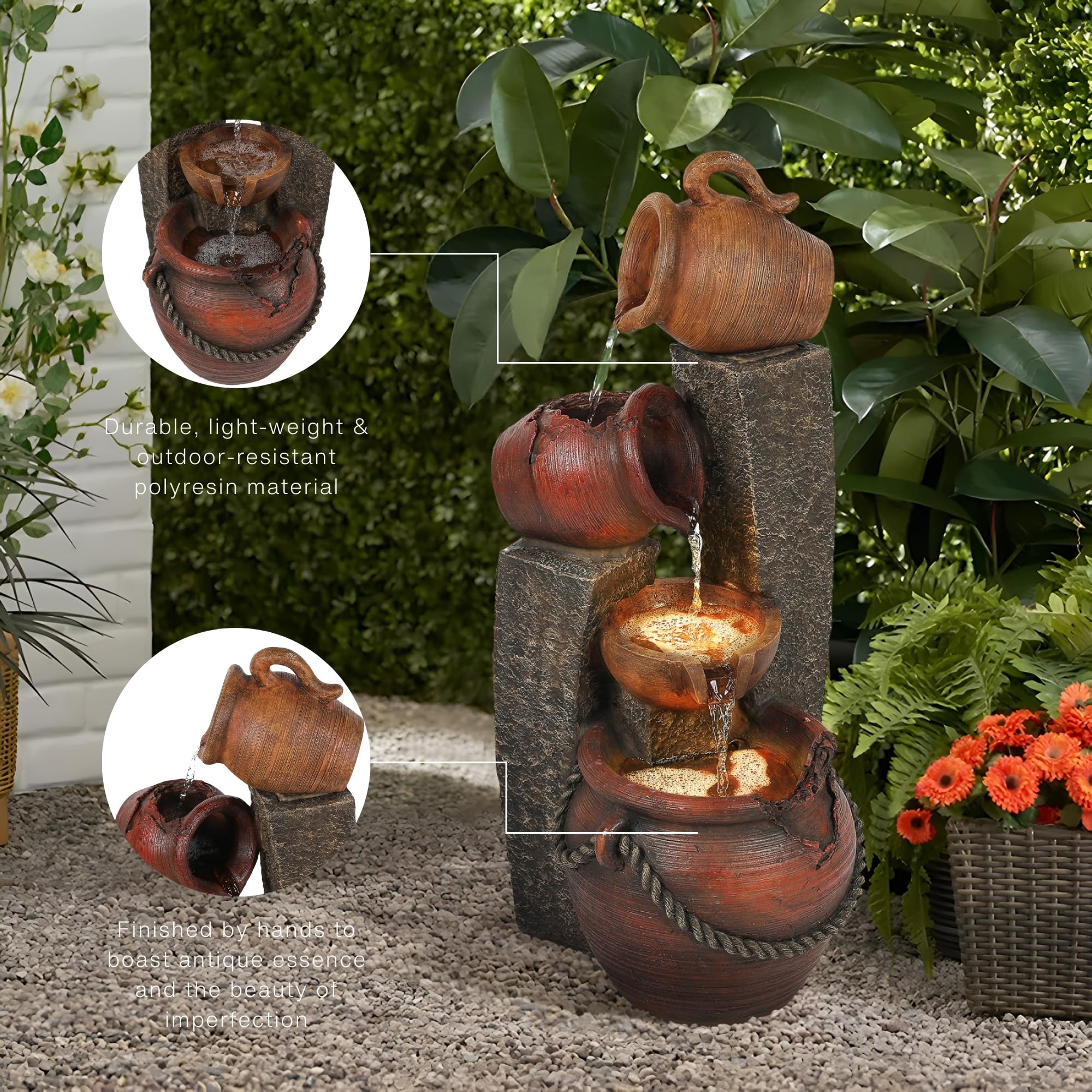 LuxenHome 32 Inch Farmhouse Outdoor Water Fountain with LED Lights - Cascading Pitcher Design for Garden, Patio, and Backyard Decor | Indoor & Outdoor Water Feature for Relaxation and Aesthetic Appeal