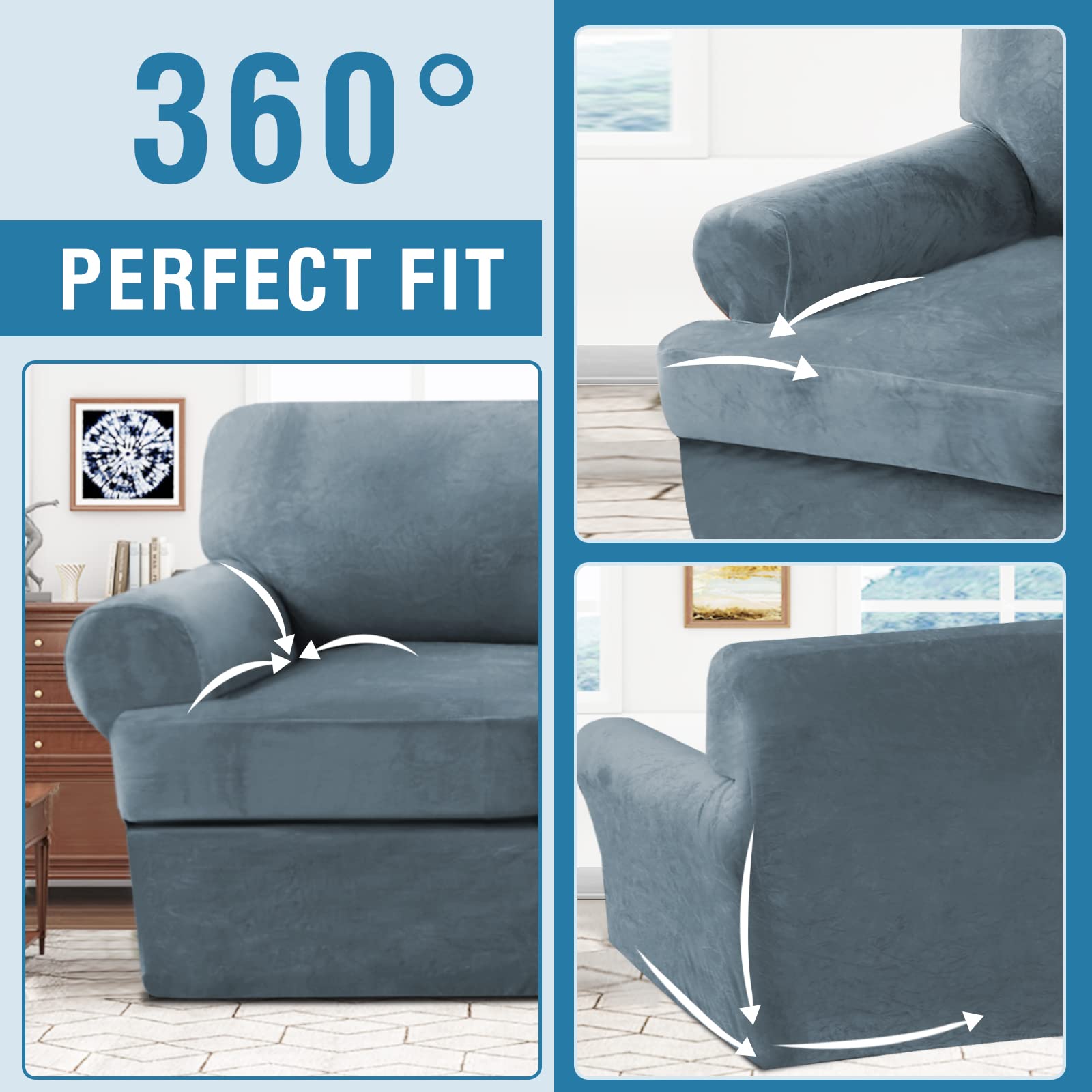H.VERSAILTEX 2-Piece Sofa Cover Set with T-Cushion - Thick Velvet Stretch Slipcovers for Armchairs & Couches - Furniture Protector in Stone Blue | Perfect for Living Room, Office & Home Decor