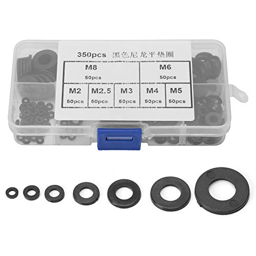 350Pcs Nylon Washer Kit - Black Flat Gasket Rings with Storage Box | Durable Plastic Sealing Washers for Plumbing, Automotive & DIY Projects
