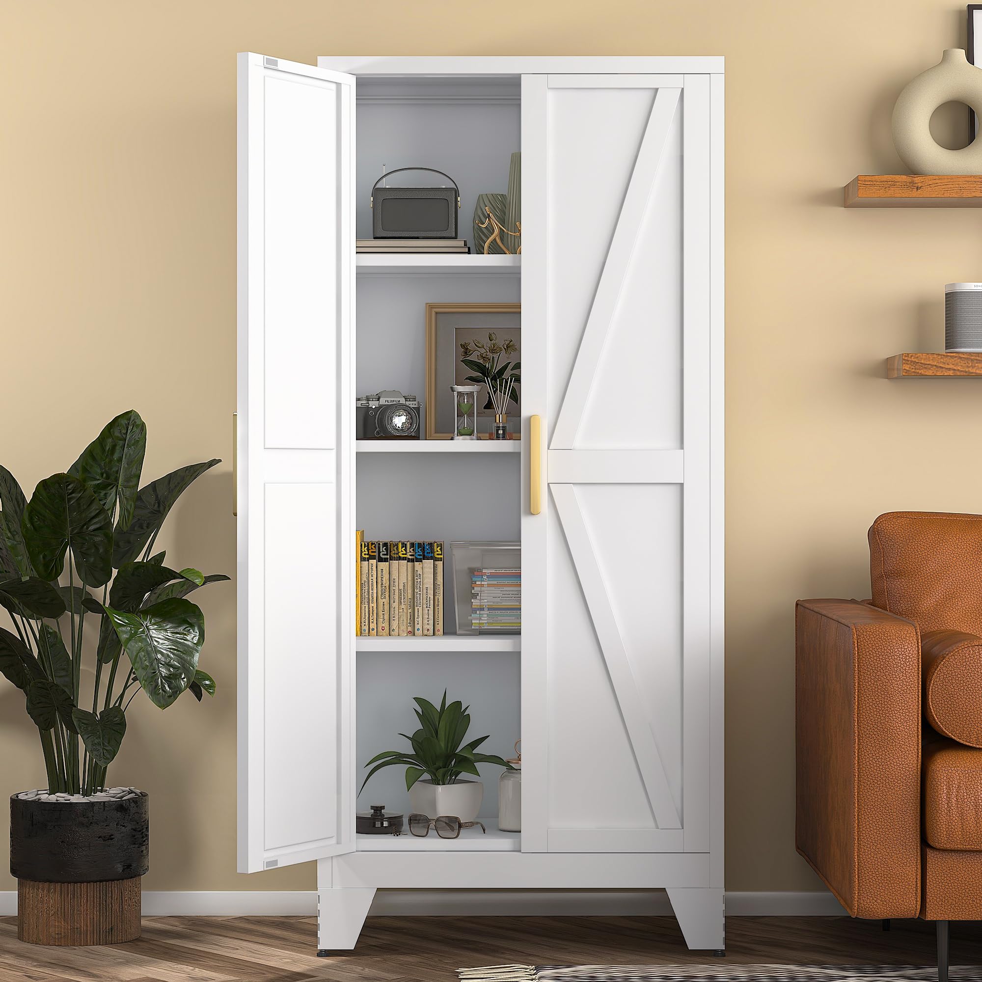Farmhouse Style White Storage Cabinet with 2 Barn Doors & 3 Adjustable Shelves - 61