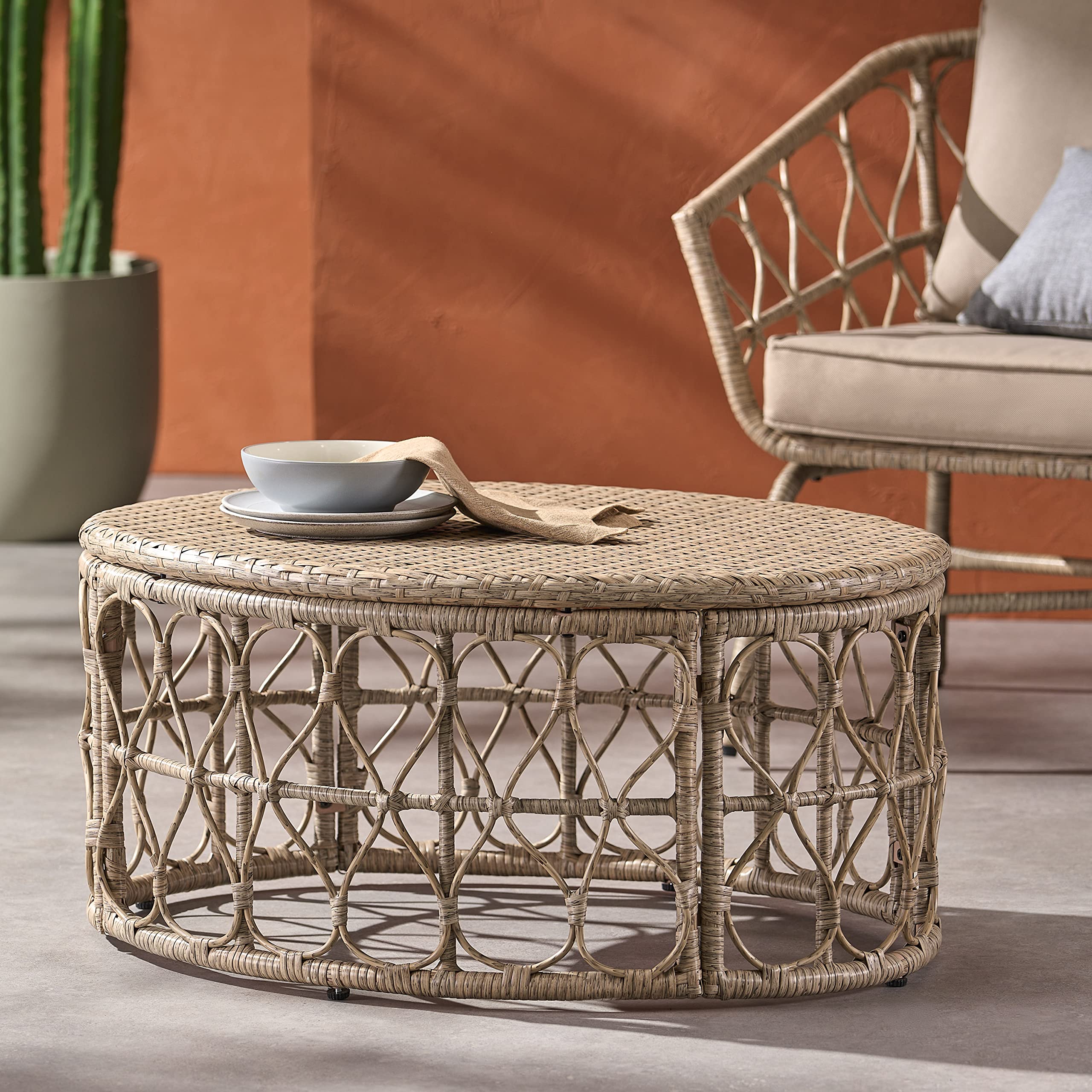 Bruce Outdoor Coffee Table - Light Brown Wicker Patio Furniture - Perfect for Backyard, Garden, and Poolside Relaxation