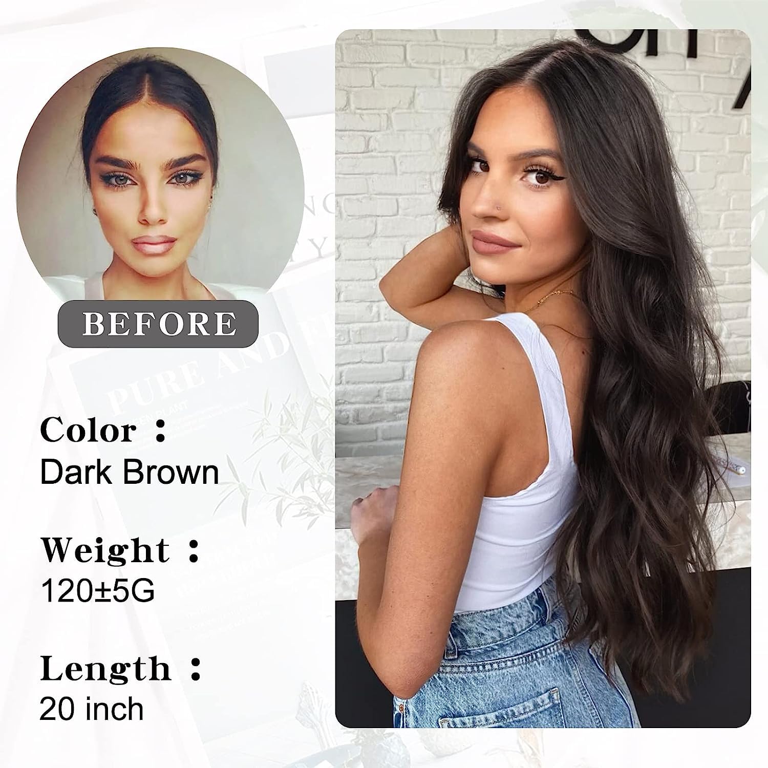El Cabell Brown Invisible Wave Hair Extensions - 24 Inch Adjustable Size with Transparent Headband & 5 Secure Clips - Natural Looking Long Wavy Hairpiece for Women - Perfect for Daily Wear, Parties, Weddings and Special Occasions