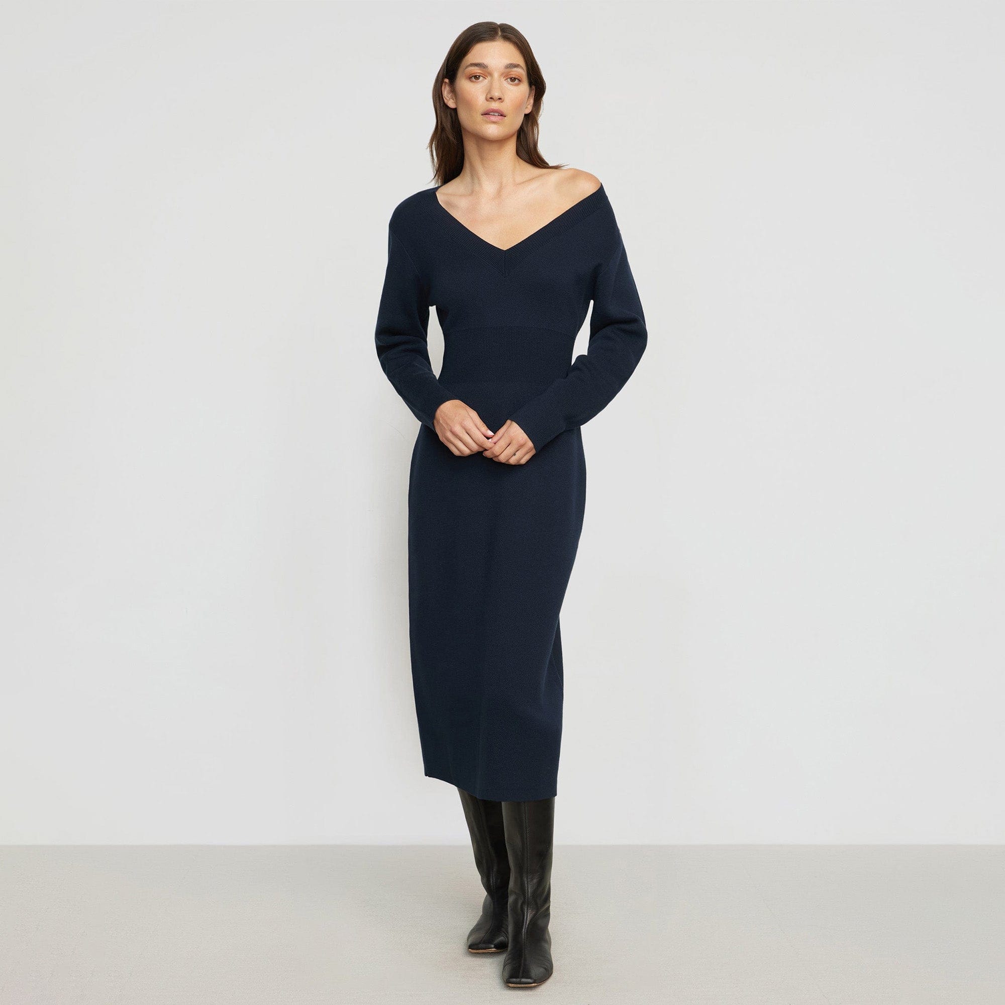 Bora Off Shoulder V Neck Sweater Dress for Women - Soft Knit Long Sleeve Bodycon Dress - Perfect for Date Night, Office Wear & Fall Fashion