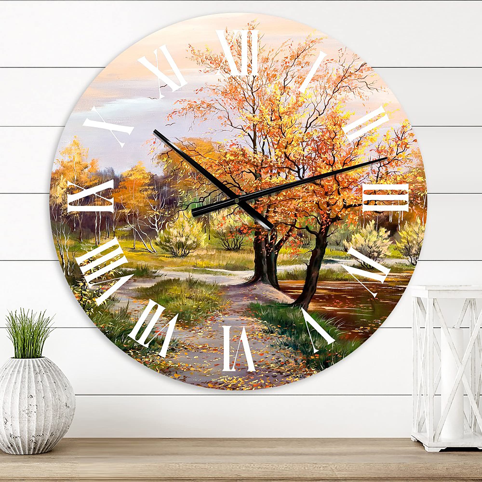 DesignQ Large Country Wall Clock 'River in The Orange Woods' - Nature Landscape Wall Clock for Home & Office Decor - Perfect for Living Room, Bedroom or Workspace