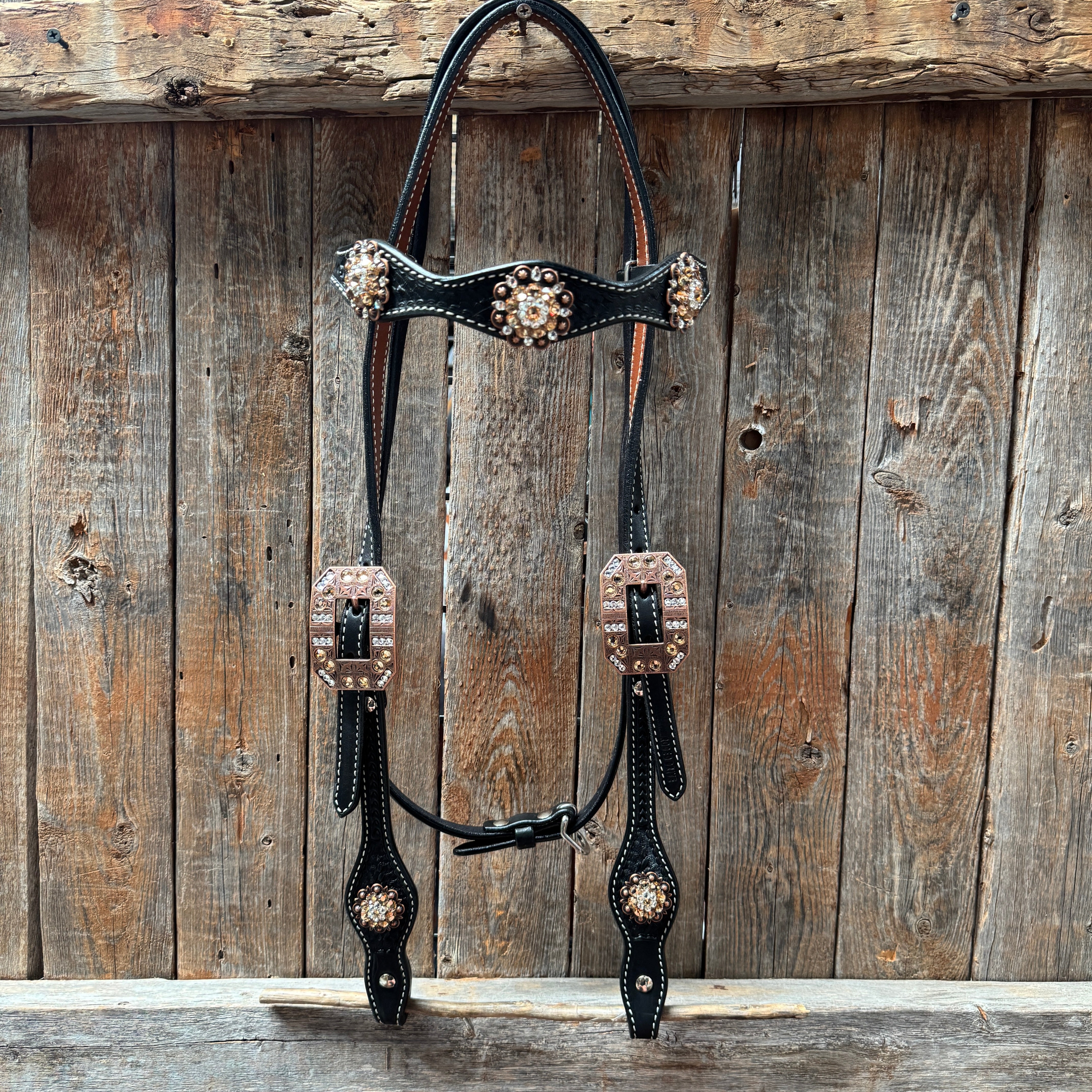 Elegant Black Basketweave Champagne & Clear Crystal Browband for Horses - #BB132D | Perfect for Equestrian Shows, Dressage & Horse Riding Competitions