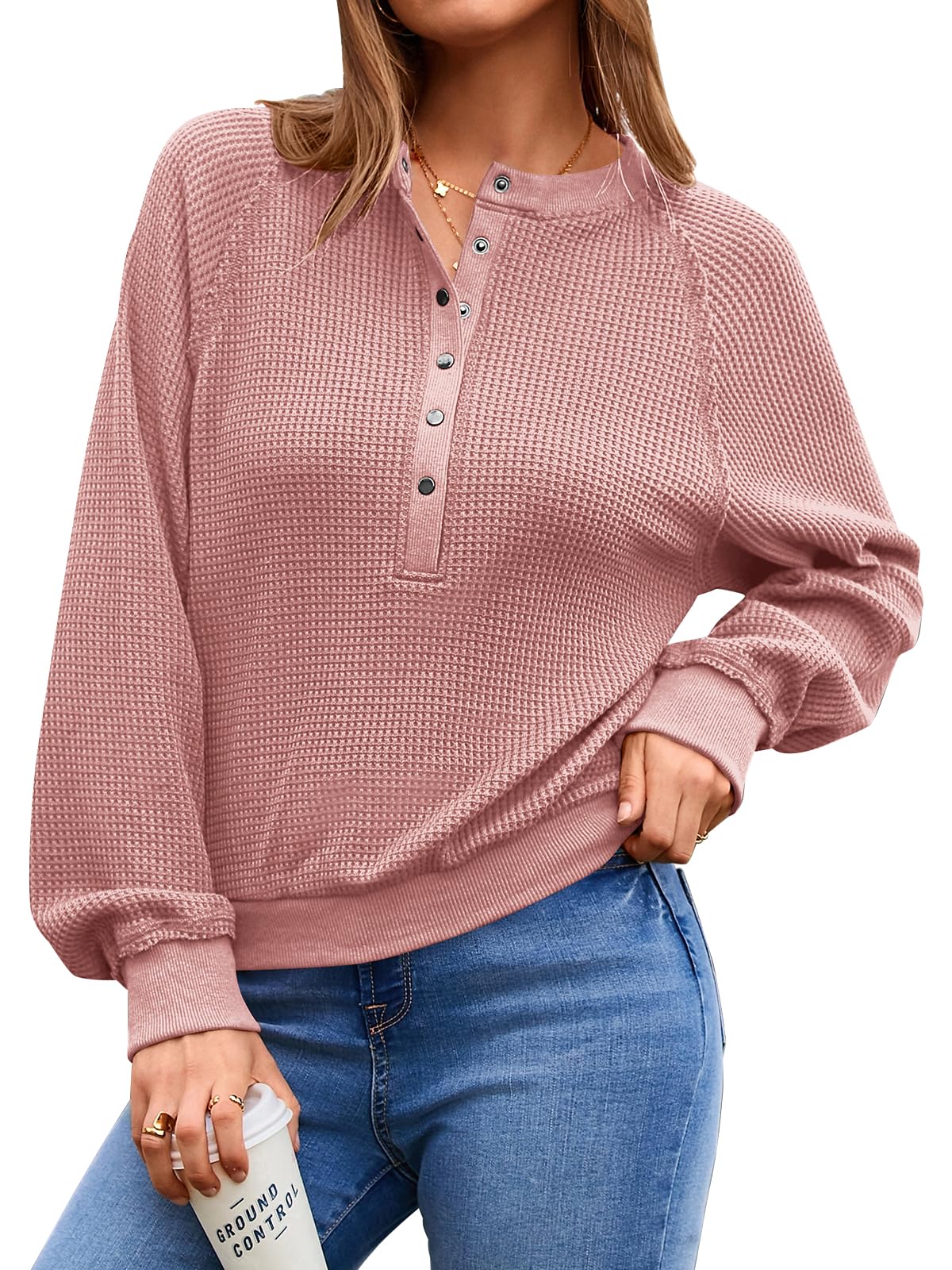 PRETTYGARDEN Women's Long Sleeve Waffle Knit Sweater - Fall Button Up Pullover V-Neck Loose Crop Top for Casual Outfits & Layering