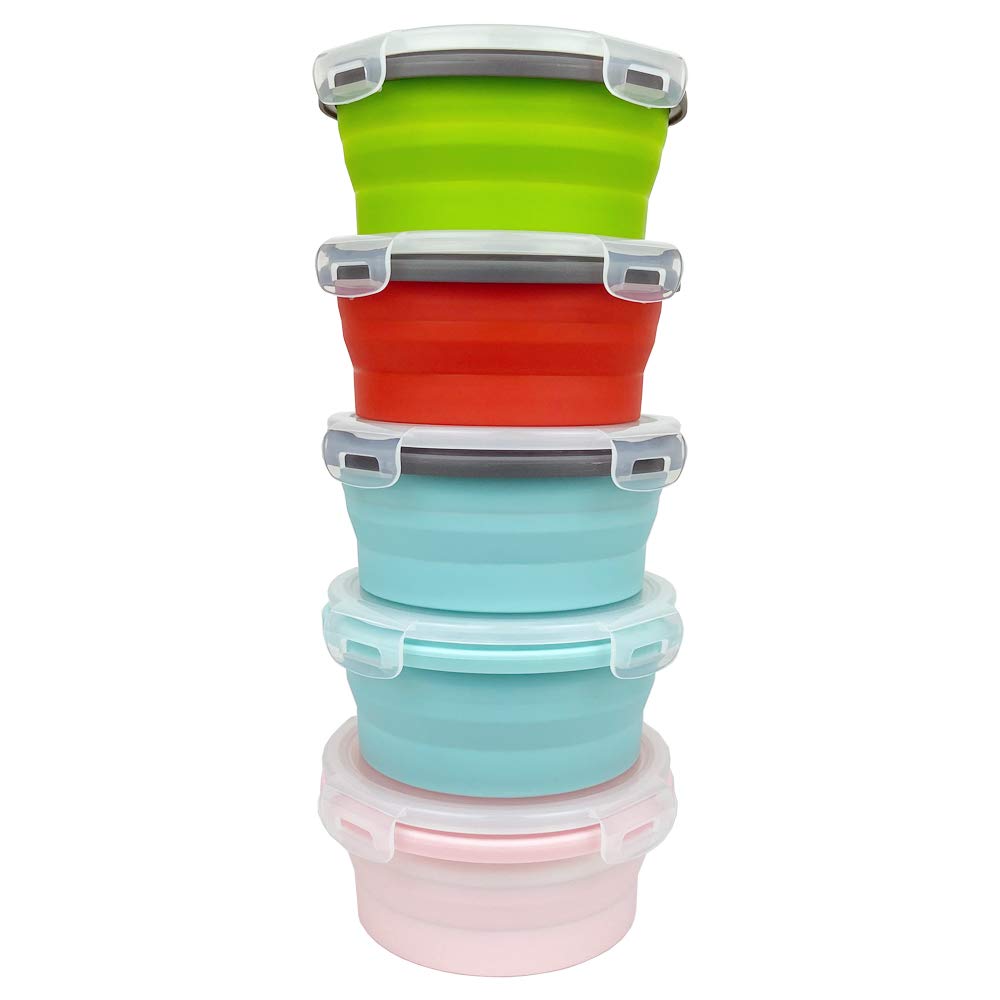 CARTINTS 800ml Silicone Collapsible Food Storage Containers with Lids - Microwave & Freezer Safe - Set of 5 Round Prep Bowls for Meal Prep, Lunch, Snacks & Leftovers - Space Saving Kitchen Organizer