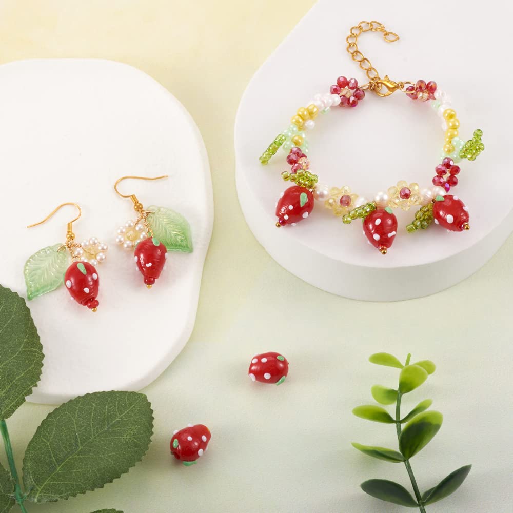 Cheriswelry 12pcs Red Strawberry Handmade Lampwork Glass Beads - 3D Cute Fruit Spacer Beads 16x11mm Center Drilled for DIY Jewelry Making, Earrings, Bracelets, Necklaces, Craft Supplies - Perfect for Summer Accessories & Gift Ideas