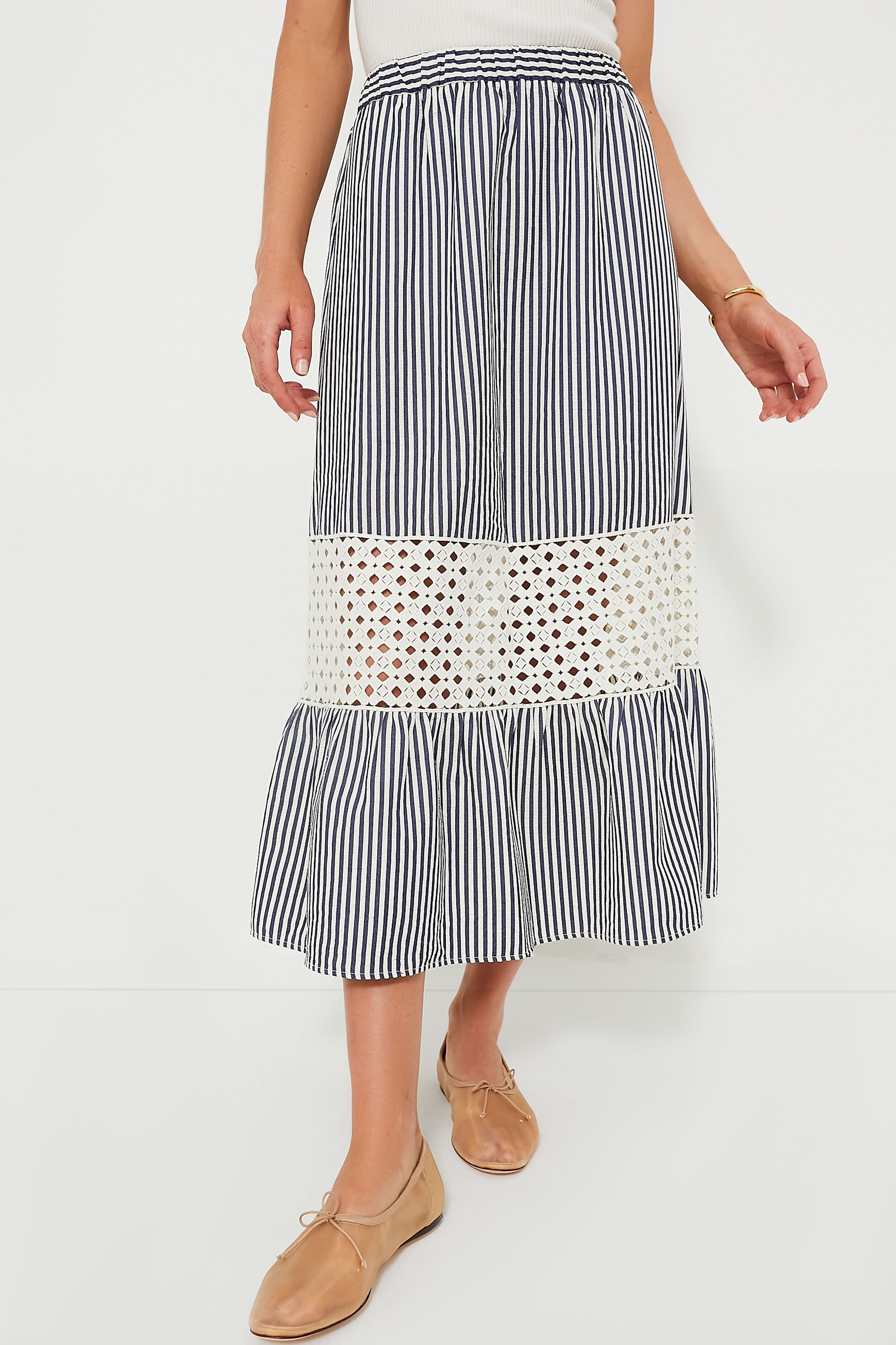 Blue Stripe Eyelet Hana Skirt - Floral Lace Summer Dress for Women | Perfect for Beach Vacations, Garden Parties & Boho Fashion