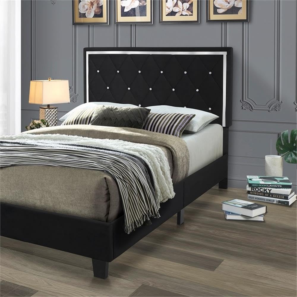 Pemberly Row Modern Velvet Upholstered Queen Size Platform Bed Frame - Black Luxury Bedroom Furniture for Master Bedroom & Guest Room