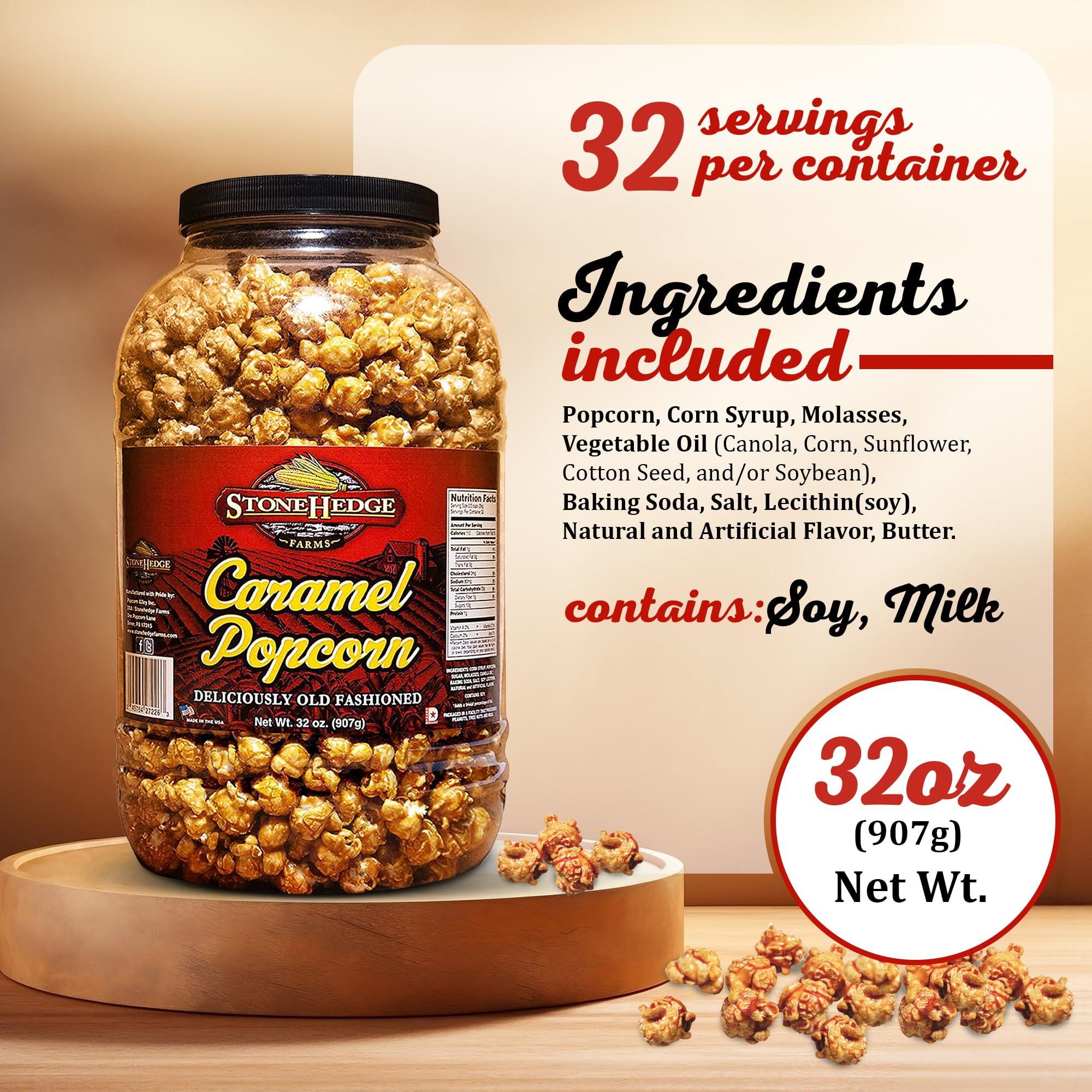 Stonehedge Farms Caramel Flavored Popcorn - 32 oz Large Tub | Gourmet Sweet & Crunchy Snack | Made in USA | Perfect for Movie Nights, Parties & Holiday Gifts