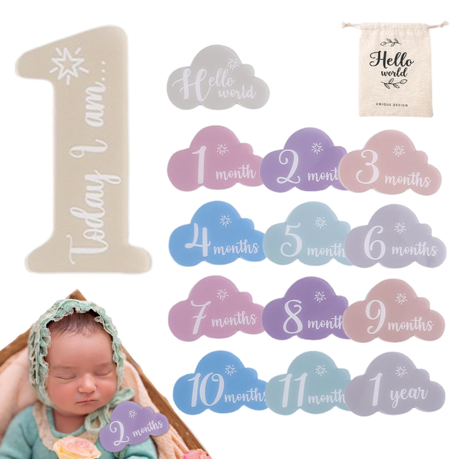 Baby Monthly Milestone Cards - Neutral Acrylic Photo Props for Boys & Girls - Cloud-Shaped Monthly Marker Signs for Newborns & Infants | Perfect for Baby Showers, Monthly Photos & First Birthday Decor