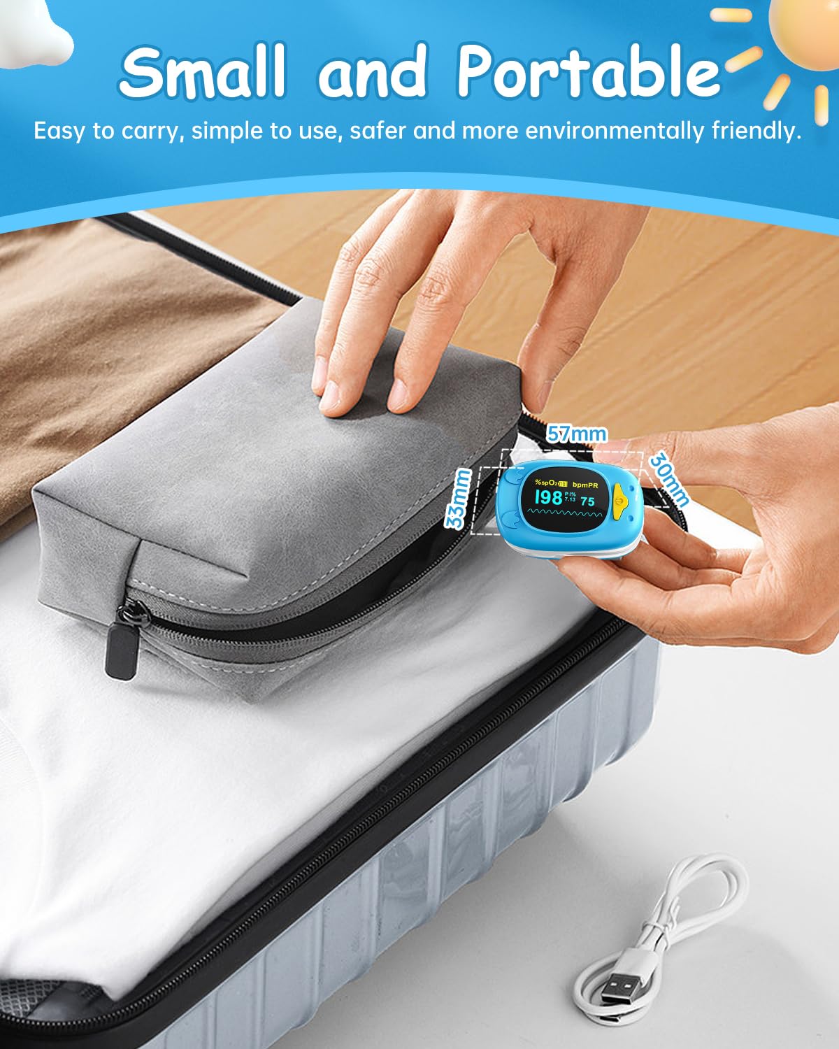 **Kids Fingertip Pulse Oximeter - Portable Blood Oxygen Saturation Monitor for Children with OLED Display & 2 AAA Batteries - Ideal for Home, Travel, and Sports Activities**