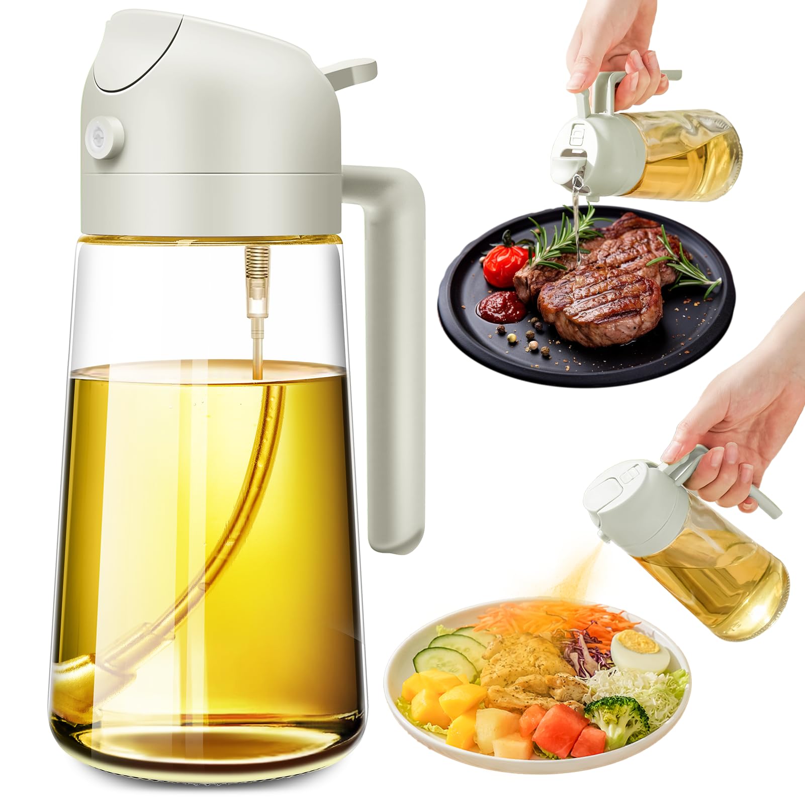 2 in 1 Glass Oil Dispenser & Sprayer - 17oz/500ml Olive Oil Bottle with Sprayer for Cooking, Kitchen, Salad, BBQ, Air Fryer - Perfect for Healthy Cooking & Meal Prep (White)