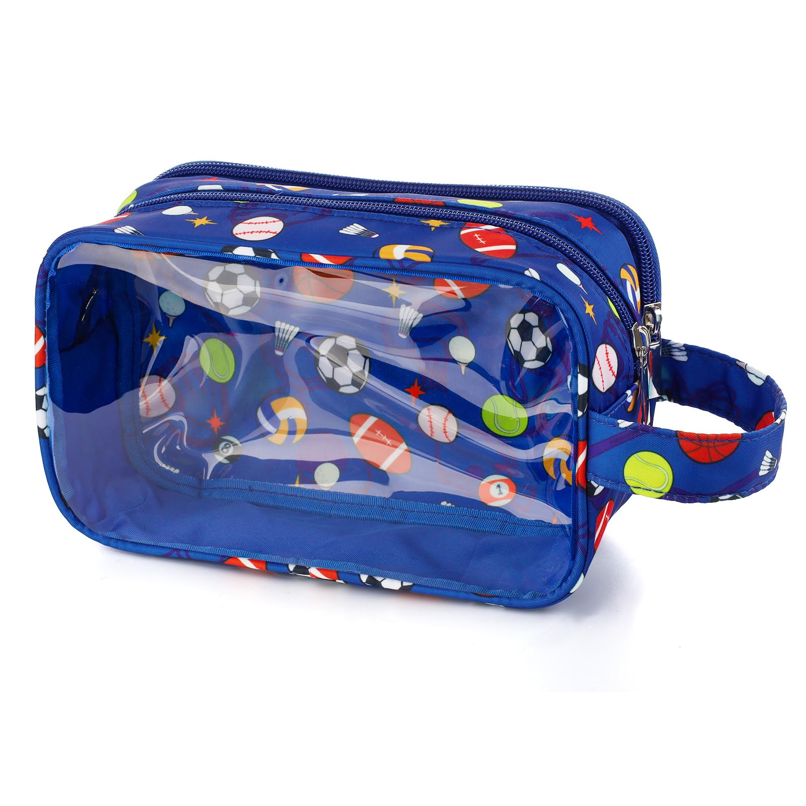 Waterproof Hanging Toiletry Bag for Boys - Travel Wash Bag with Clear Compartments for Kids & Toddlers - Blue Soccer Ball Design - Perfect for School Trips, Camping & Family Vacations