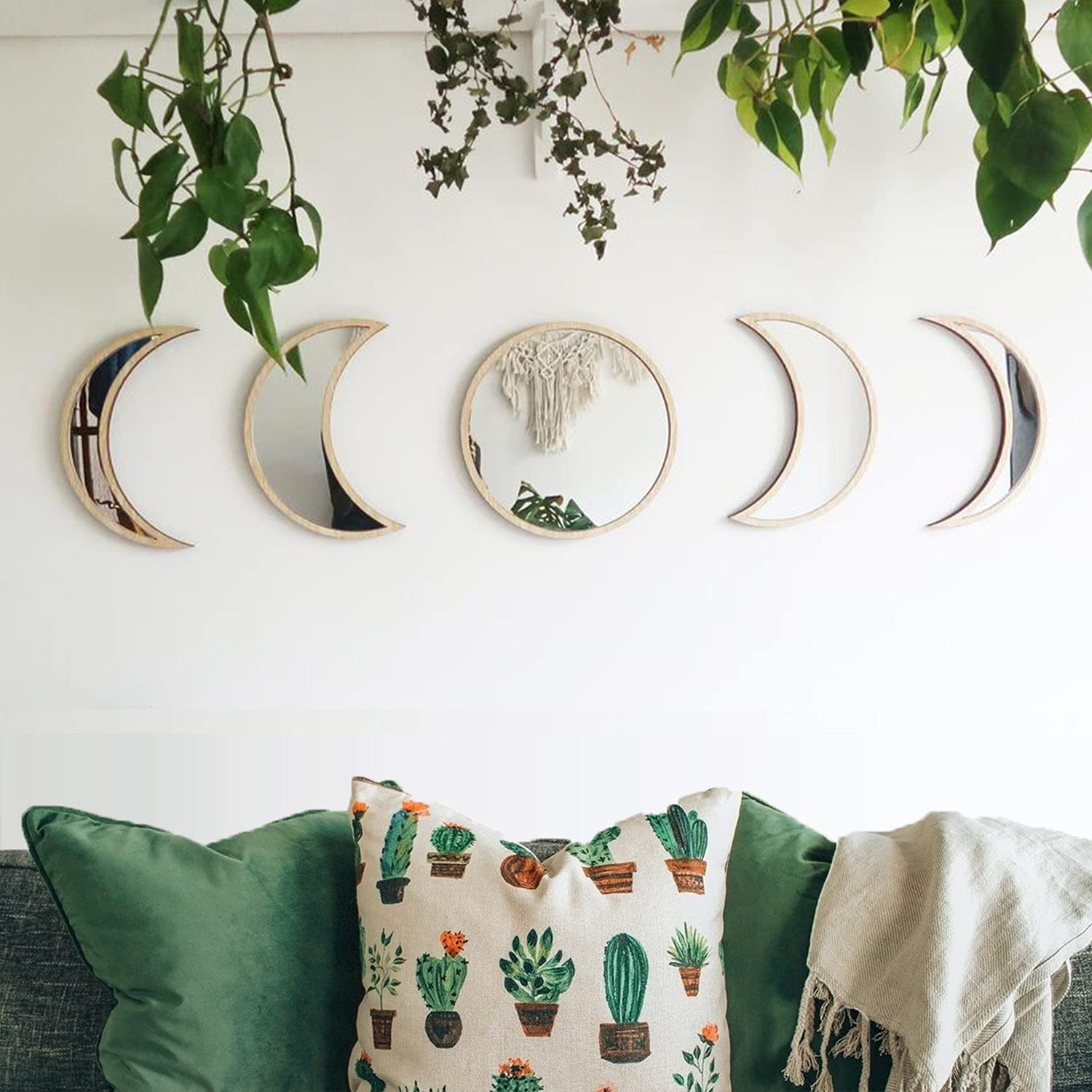MAXROCK Moon Phase Mirror Set - 5 Piece Scandinavian Wall Decor, Natural Boho Acrylic Mirrors for Home, Living Room & Bedroom - Perfect for Bohemian Style & Meditation Spaces