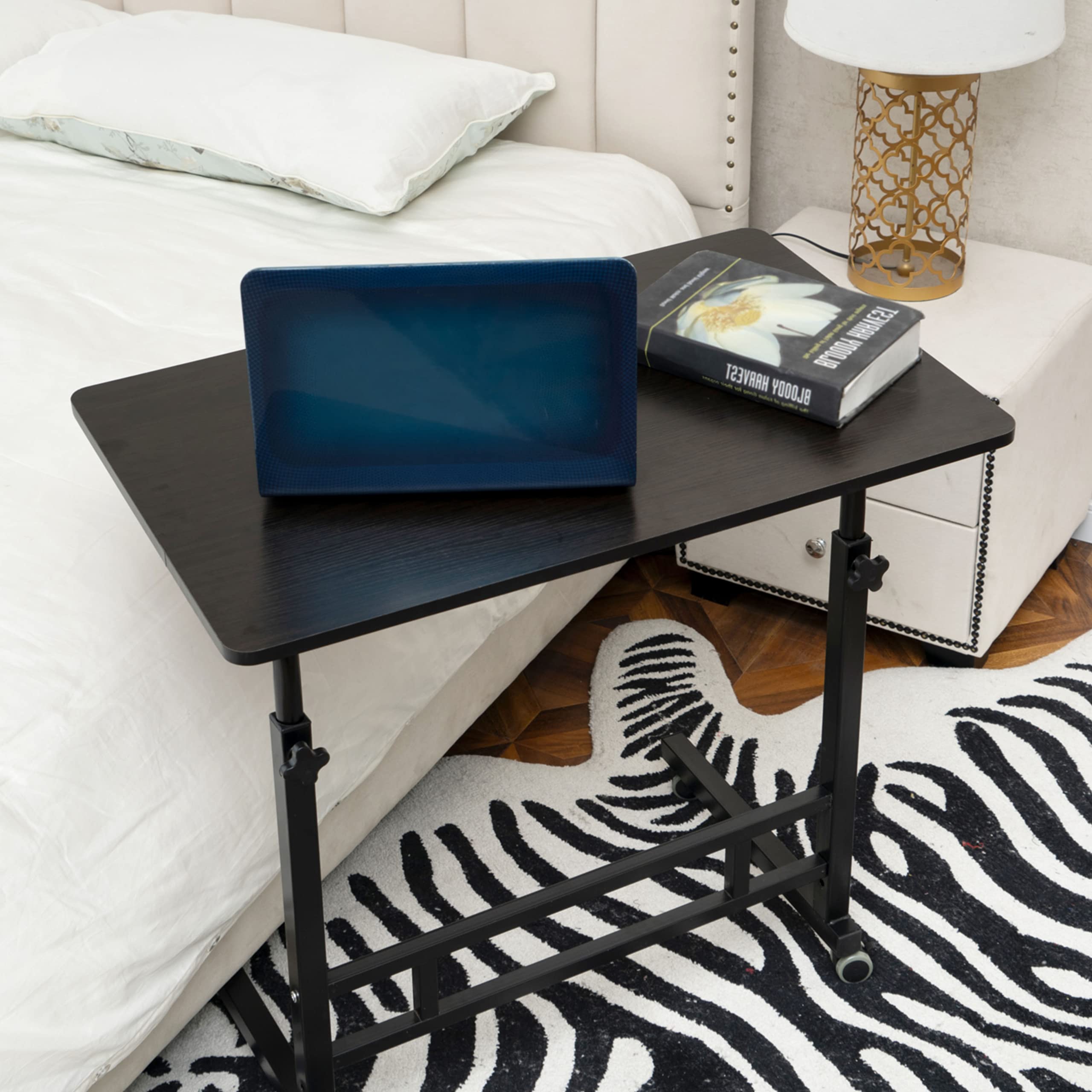 23.6 Inch Adjustable Height Rolling Side Table - Portable Laptop Stand, Overbed Table & Bedside Desk for Home Office, Dorm Room or Hospital Use (Black)