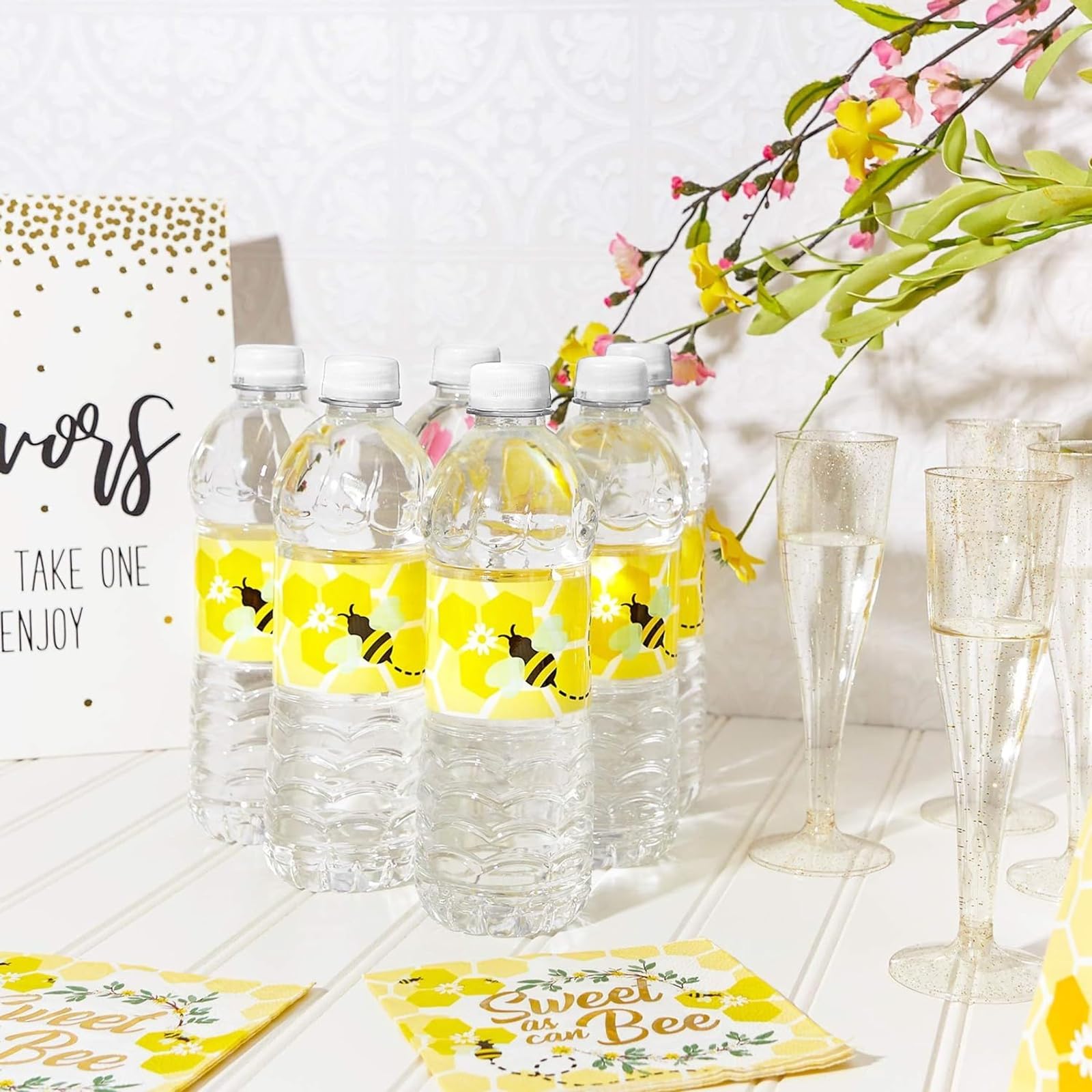 100 Pack Bumble Bee Water Bottle Labels - Bee Stickers for Kids Party, Baby Shower & Birthday Decor - 8.5 x 2 Inch Adhesive Wrappers - Perfect for Summer Picnics, School Events & Themed Celebrations