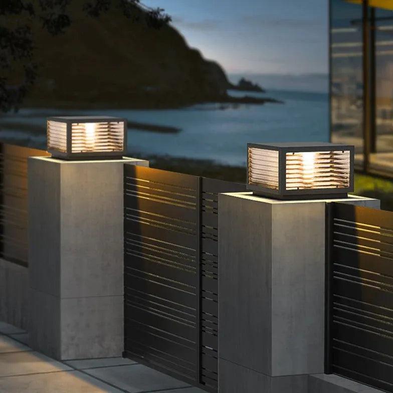 Modern Striped Glass Square Outdoor Pillar Lights - Waterproof LED Landscape Lighting for Garden, Pathway, Patio & Driveway Decor