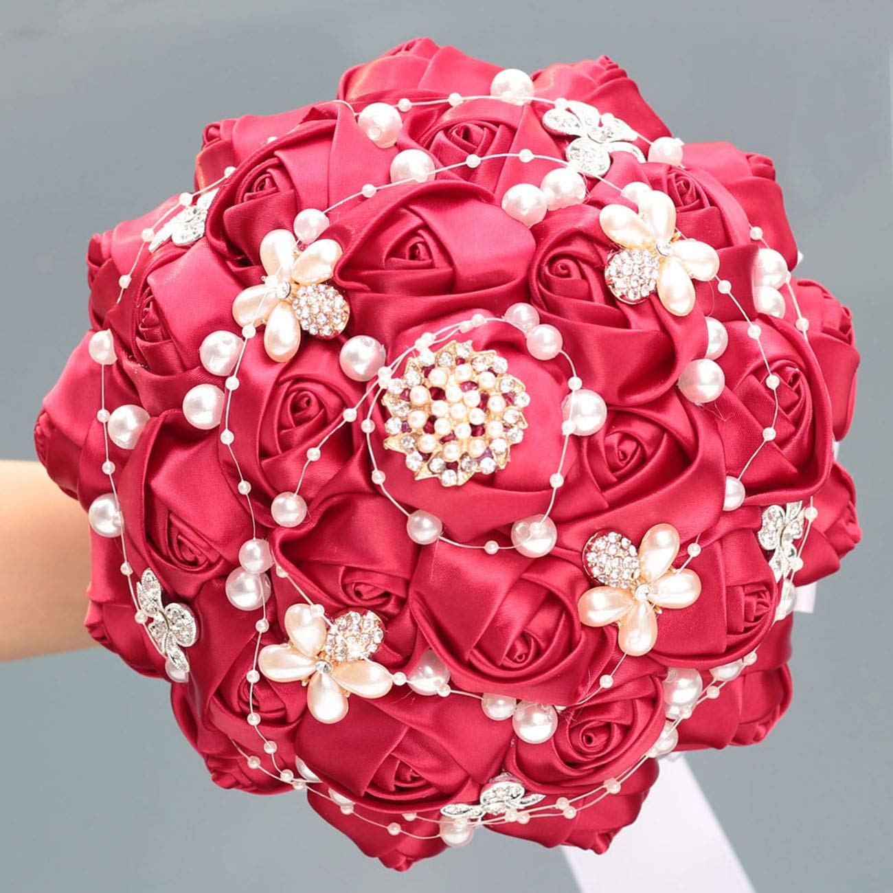 Handmade Artificial Rose Wedding Bouquet with Crystal Pearl & Satin Ribbon - Bride & Bridesmaid Bouquet for Wedding, Church, Engagement, Valentine's Day Party - Perfect for Toss Bouquet & Home Decor