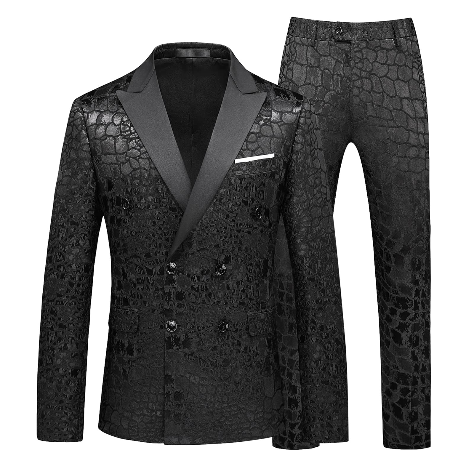 Premium MOGU Men's 2-Piece Double Breasted Jacquard Suit Set - Slim Fit Formal Tuxedo for Wedding, Groomsmen & Special Occasions | Elegant Black Dinner Jacket & Pants for Prom, Business Events & Evening Parties