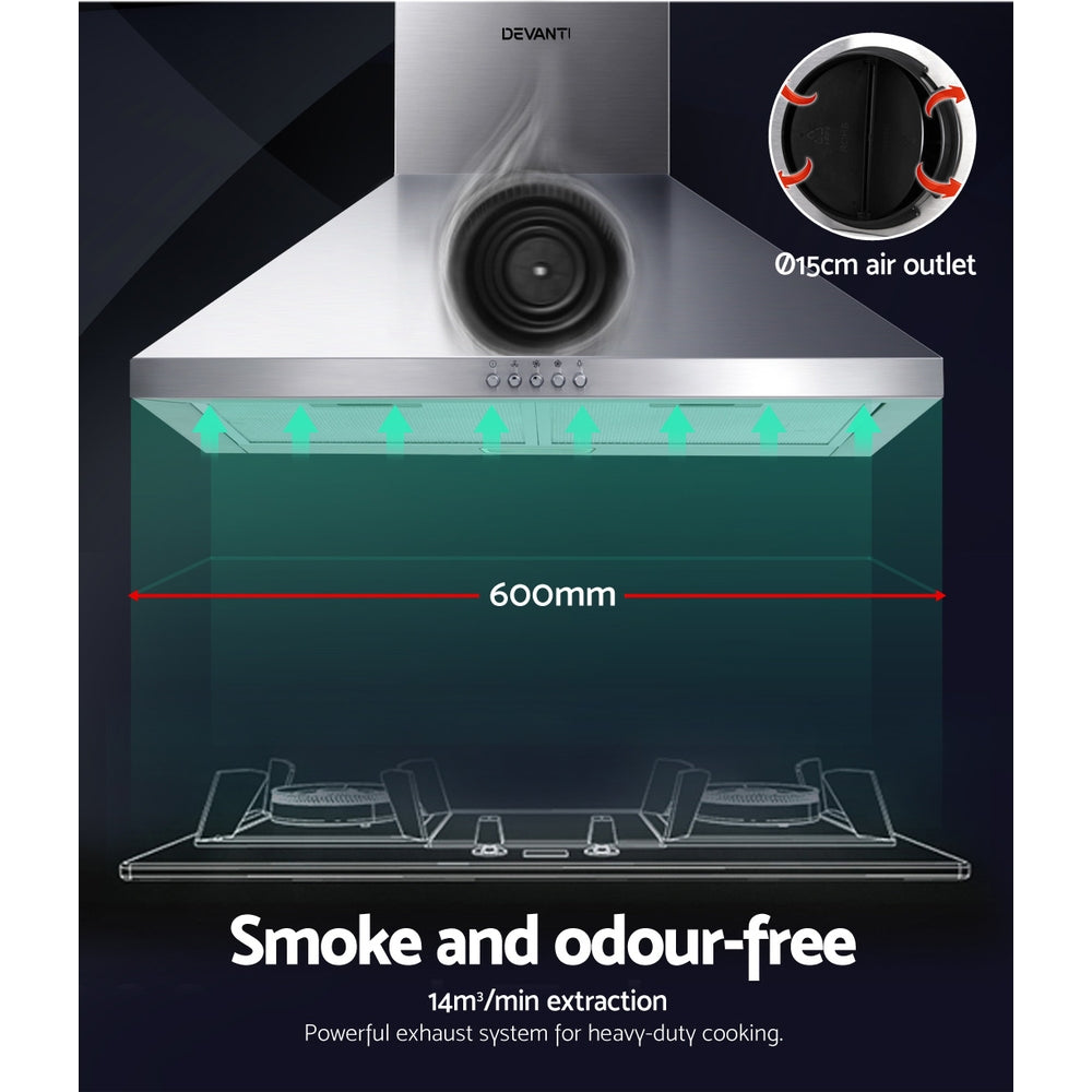 Devanti 600mm Stainless Steel Range Hood - 60cm Kitchen Exhaust Fan with Powerful Ventilation for Smoke and Odor Removal - Perfect for Home Cooking, Baking, and Grilling