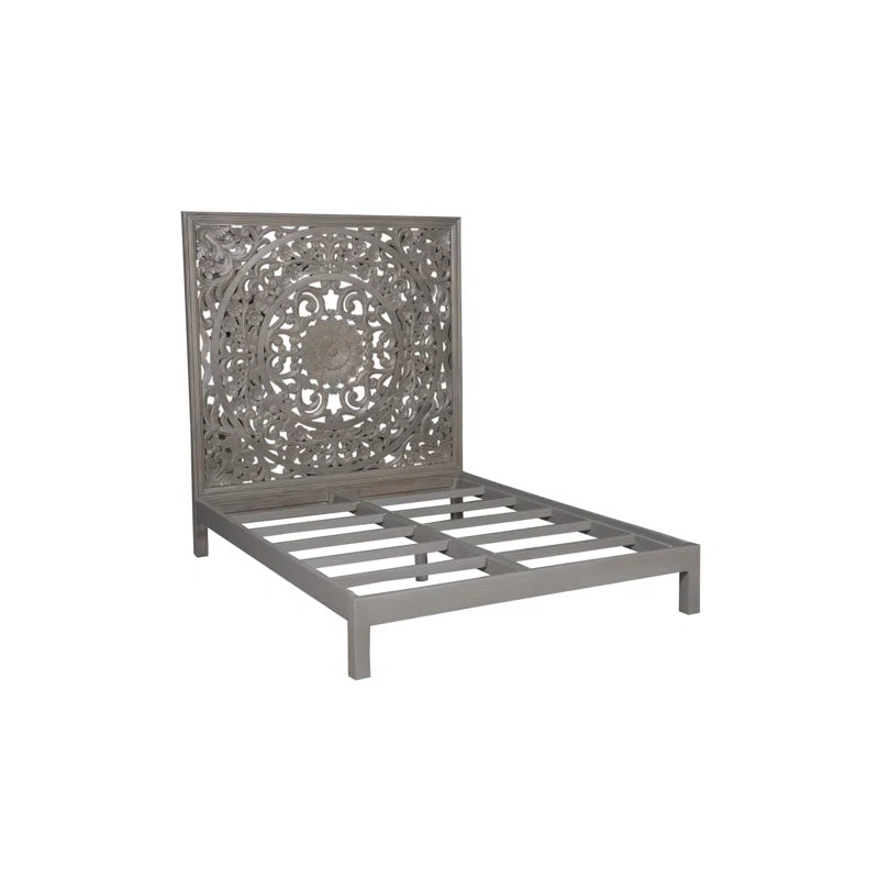 Solid Wood Platform Bed with Hand Carved Details - Gray Dynasty Style - Perfect for Modern and Traditional Bedrooms