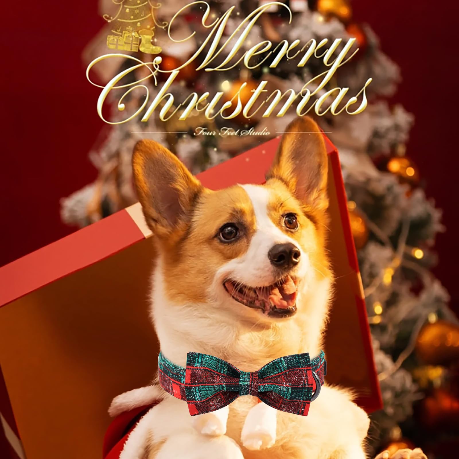 Festive Christmas Plaid Dog Collar with Metal Buckle & Bow Tie - Soft Cotton Adjustable Collar for Small, Medium & Large Dogs - Perfect for Holiday Photos, Parties & Gift Giving