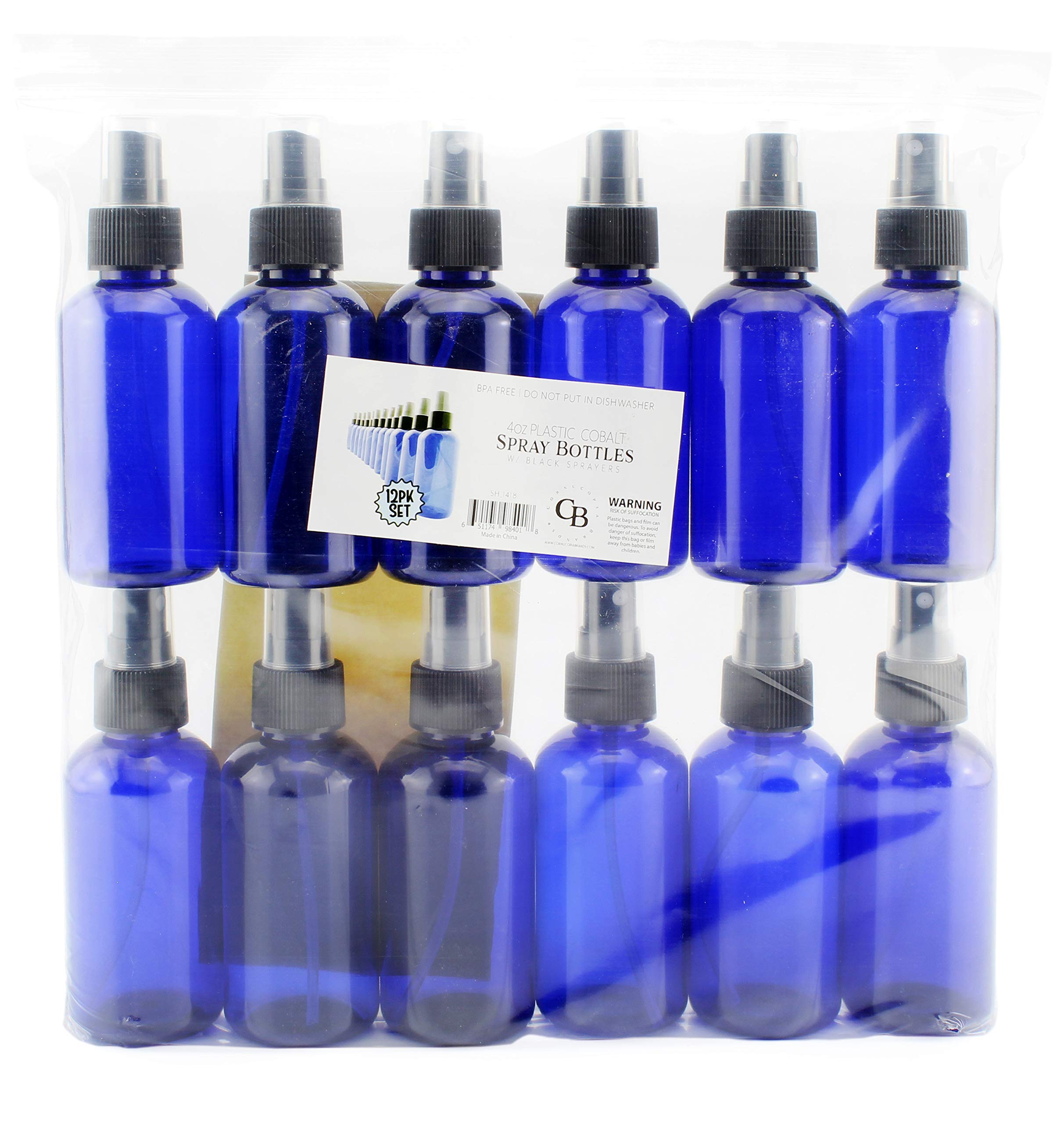 Cornucopia 12-Pack 4oz Blue Plastic Fine Mist Spray Bottles - BPA-Free PET #1 Plastic Spritzer Bottles with Labels Included - Perfect for Hair Styling, Gardening, Cleaning & Travel Essentials
