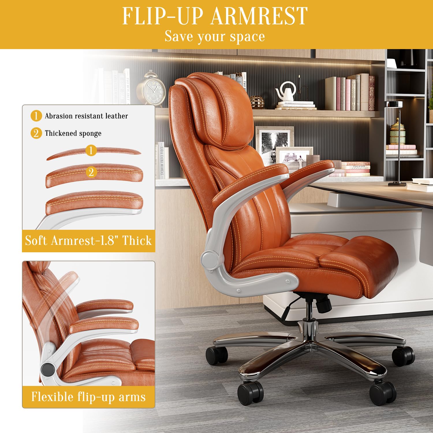 Premium Leather Executive Office Chair - High Back Big & Tall Desk Chair with Wheels, Flip-Up Arms & Lumbar Support - Ergonomic Computer Chair for Home Office (Orange) - Perfect for Long Work Hours & Professional Workspaces